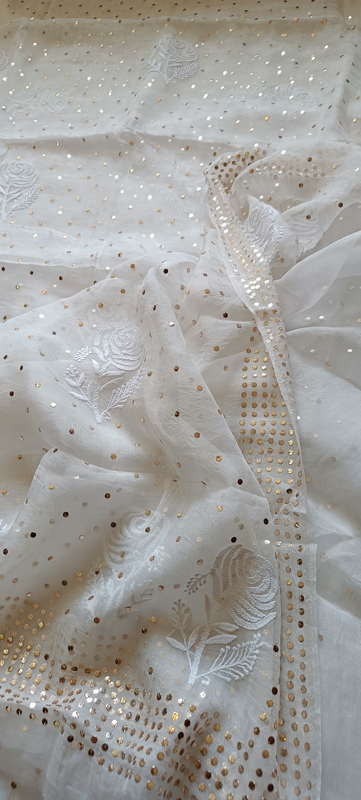 Ruhani Ivory Pure Organza Saree with Allover Chikankari and Mukaish