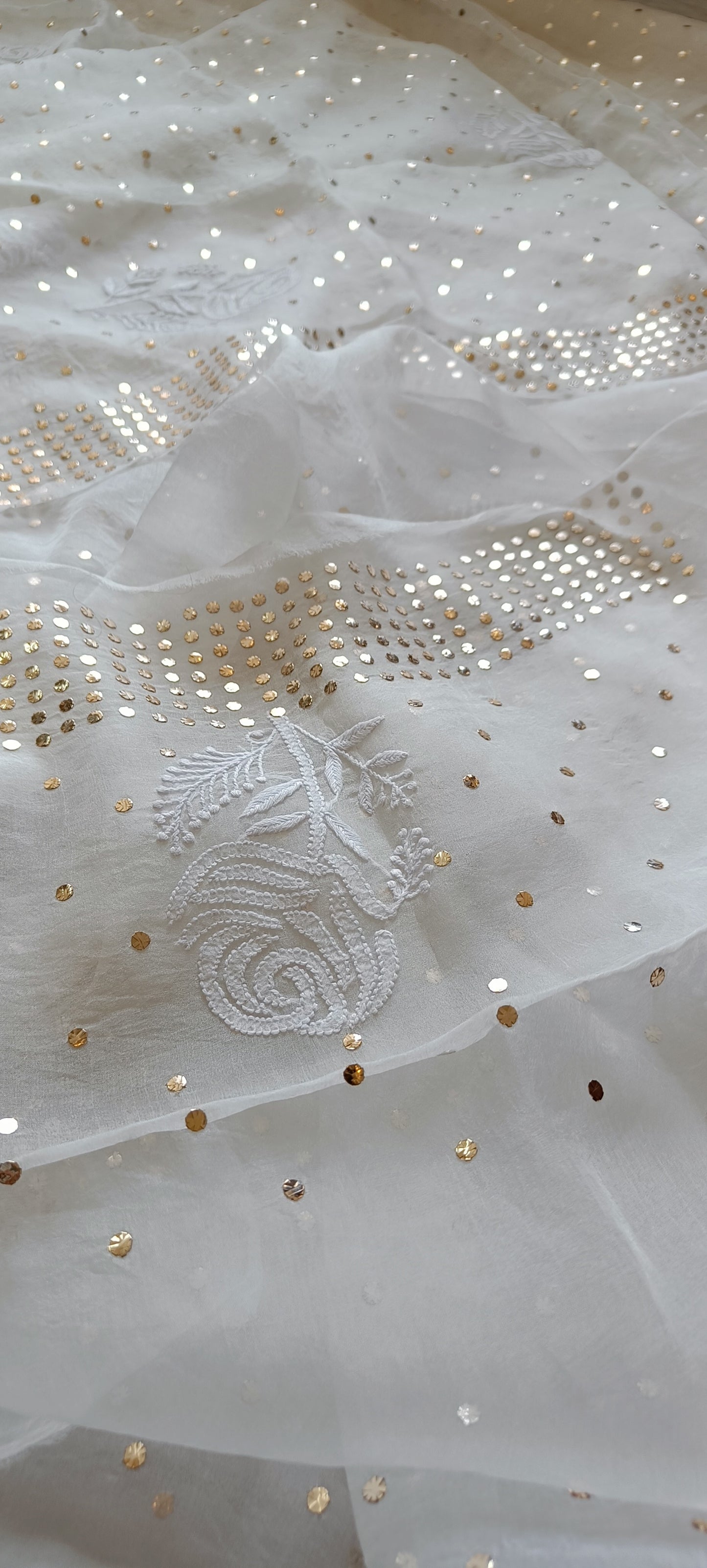 Ruhani Ivory Pure Organza Saree with Allover Chikankari and Mukaish