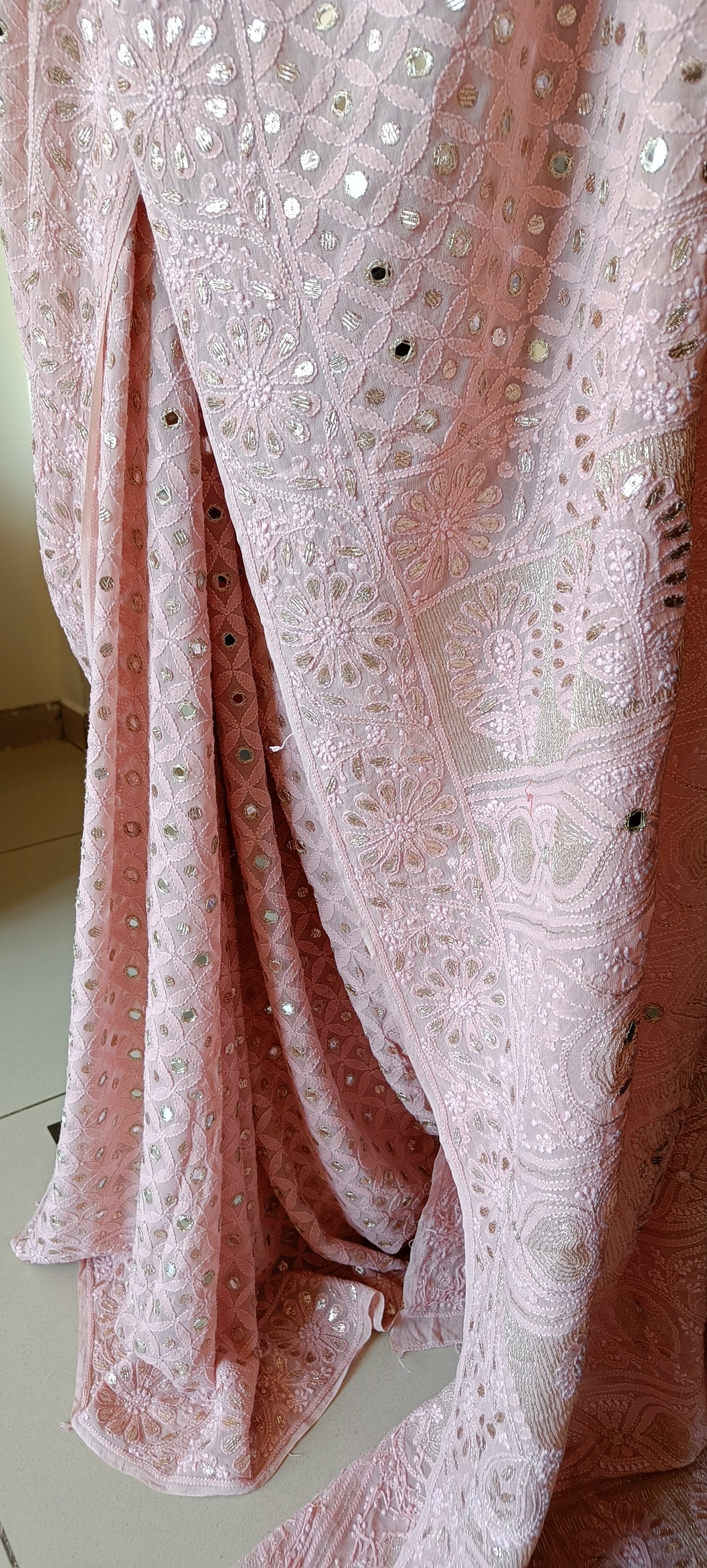 Ruhani Old Rose Allover Chikankari Mirror and Gota Saree