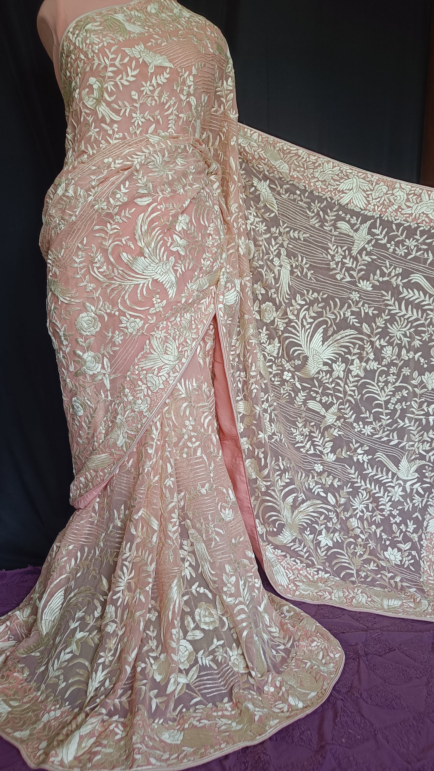 Peachy Pink Masterpiece Parsi Gara Pure Georgette Saree