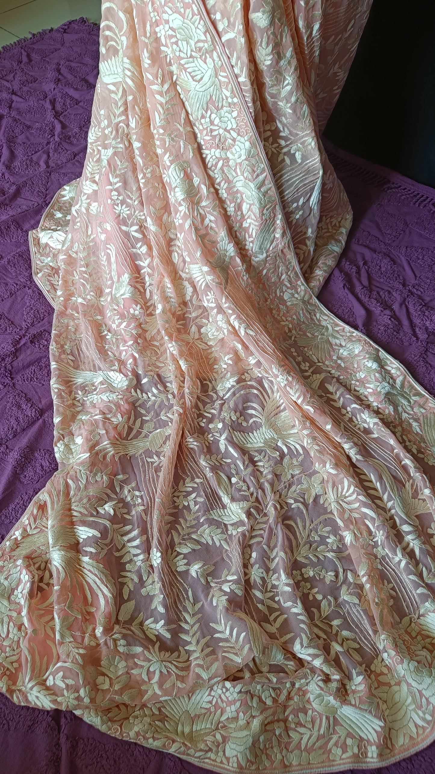 Peachy Pink Masterpiece Parsi Gara Pure Georgette Saree