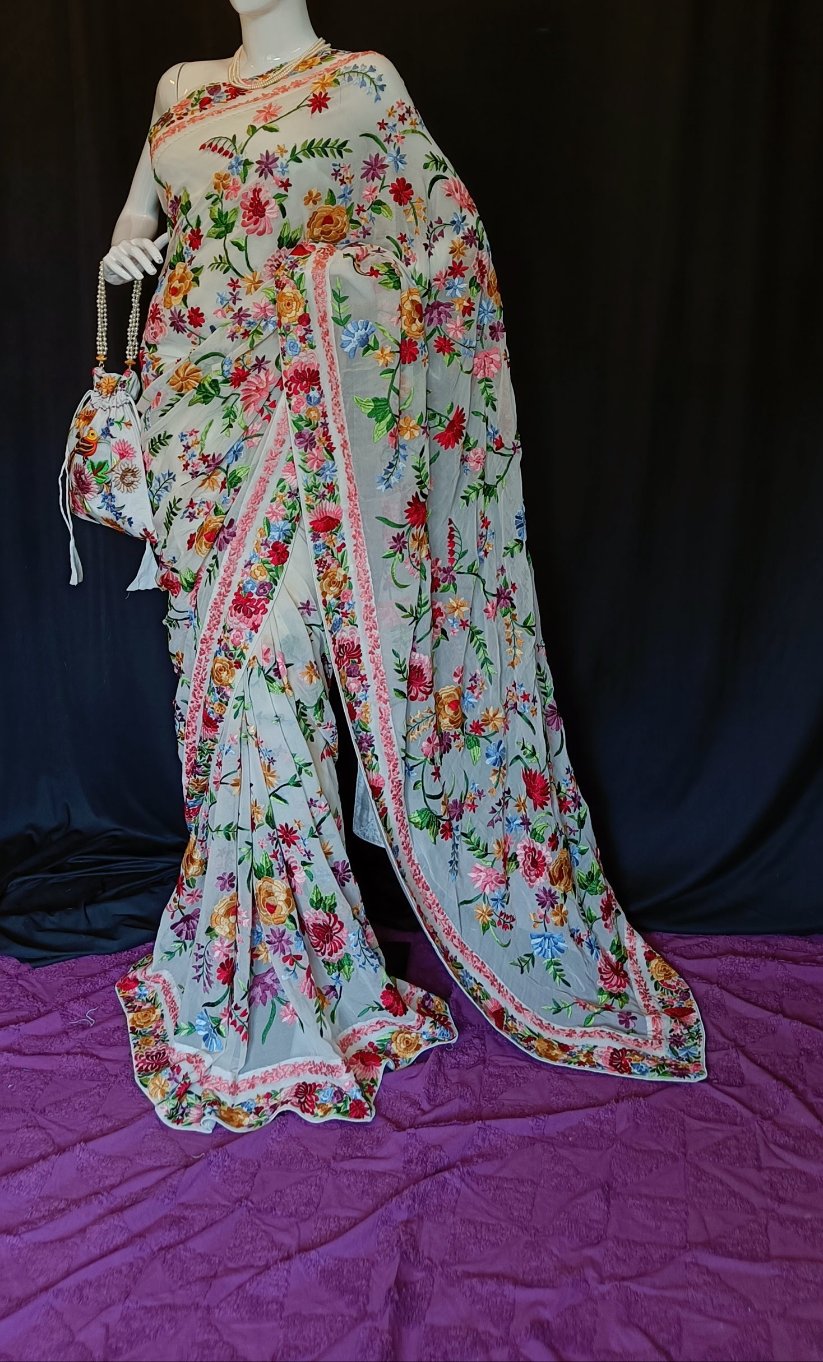 Off White Floral Bouquet Parsi Gara Pure Georgette Saree