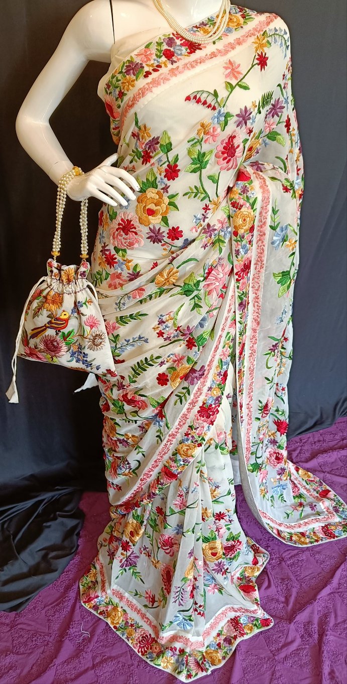 Off White Floral Bouquet Parsi Gara Pure Georgette Saree