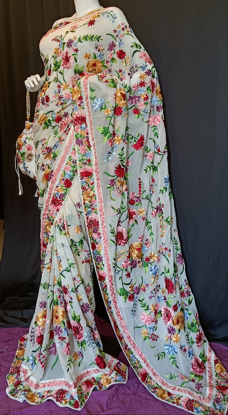 Off White Floral Bouquet Parsi Gara Pure Georgette Saree