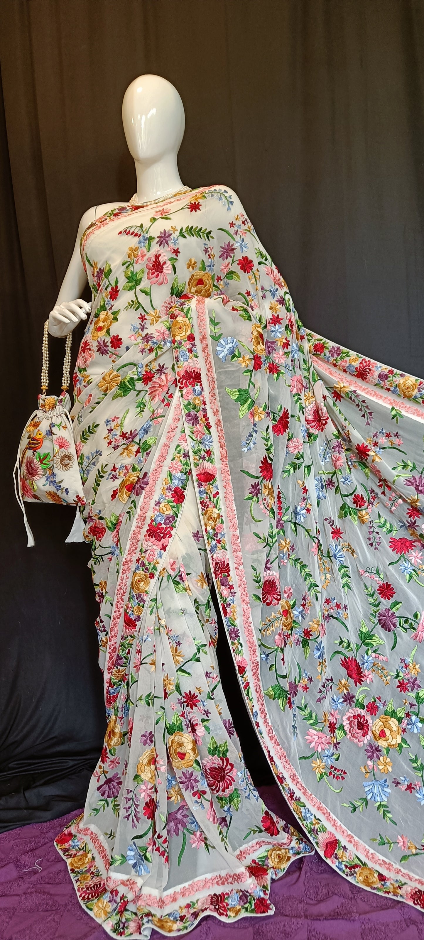 Off White Floral Bouquet Parsi Gara Pure Georgette Saree