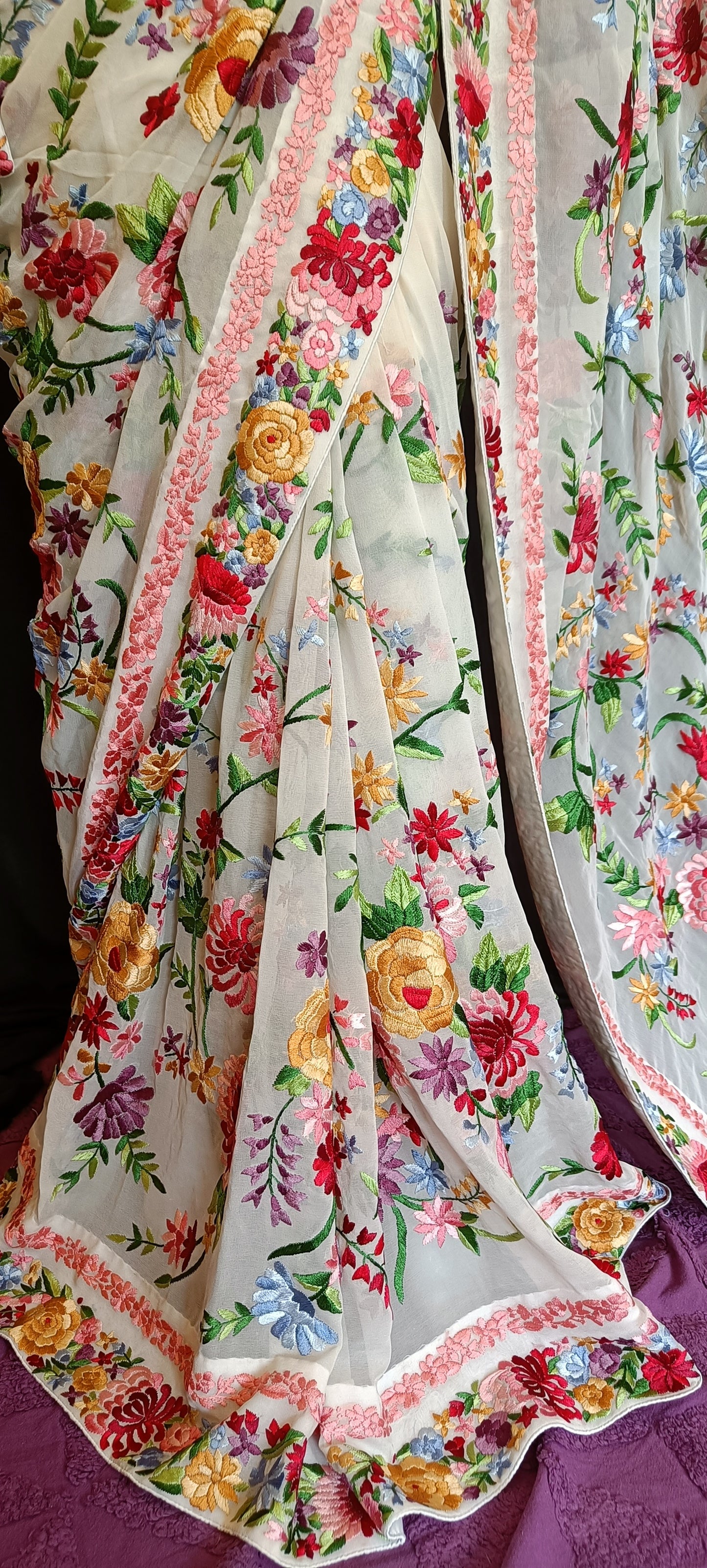Off White Floral Bouquet Parsi Gara Pure Georgette Saree