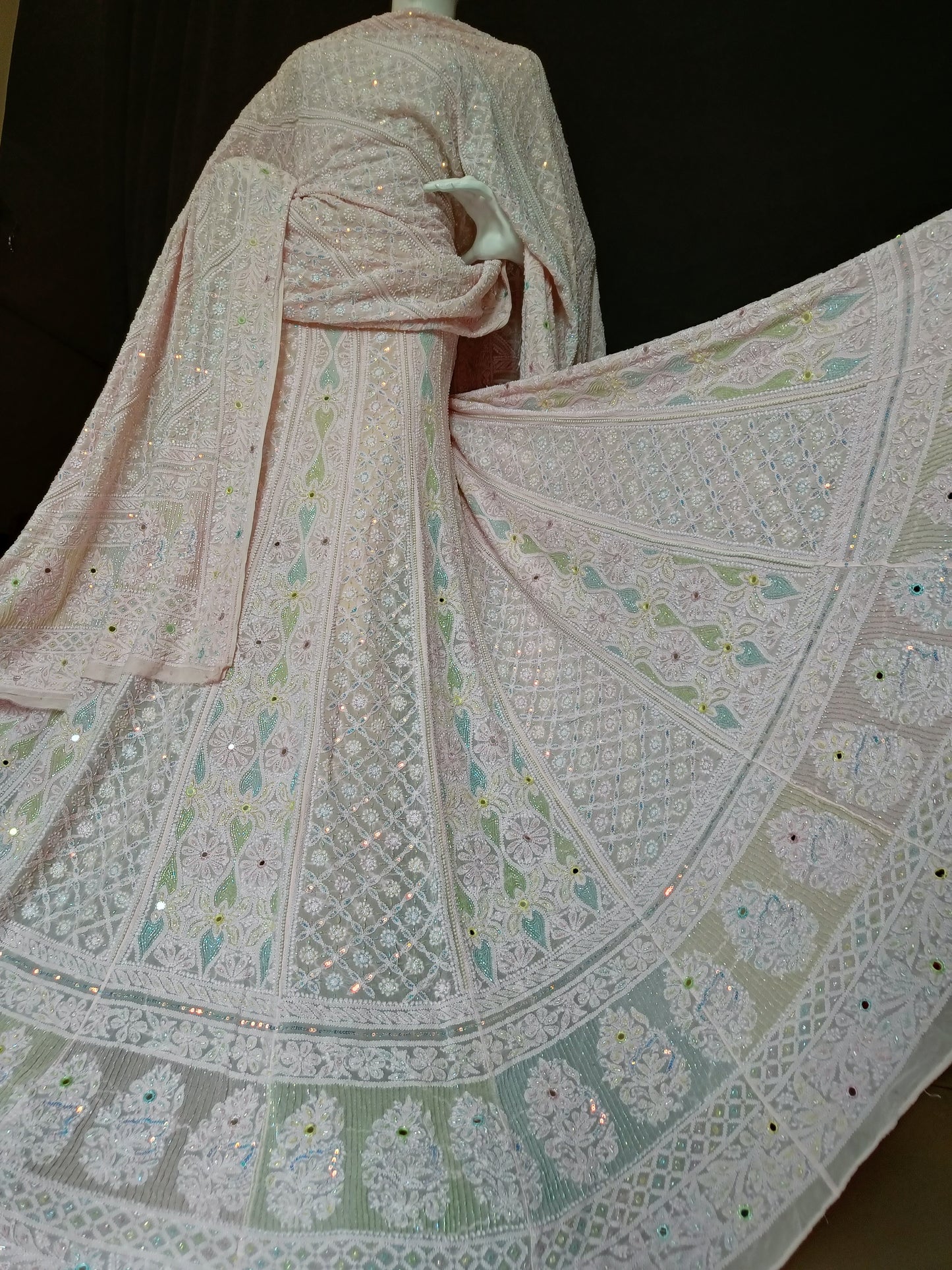 Ruhani Pink Chikankari Multicolored Cut Dana Pearl Sequins Wedding Lehenga