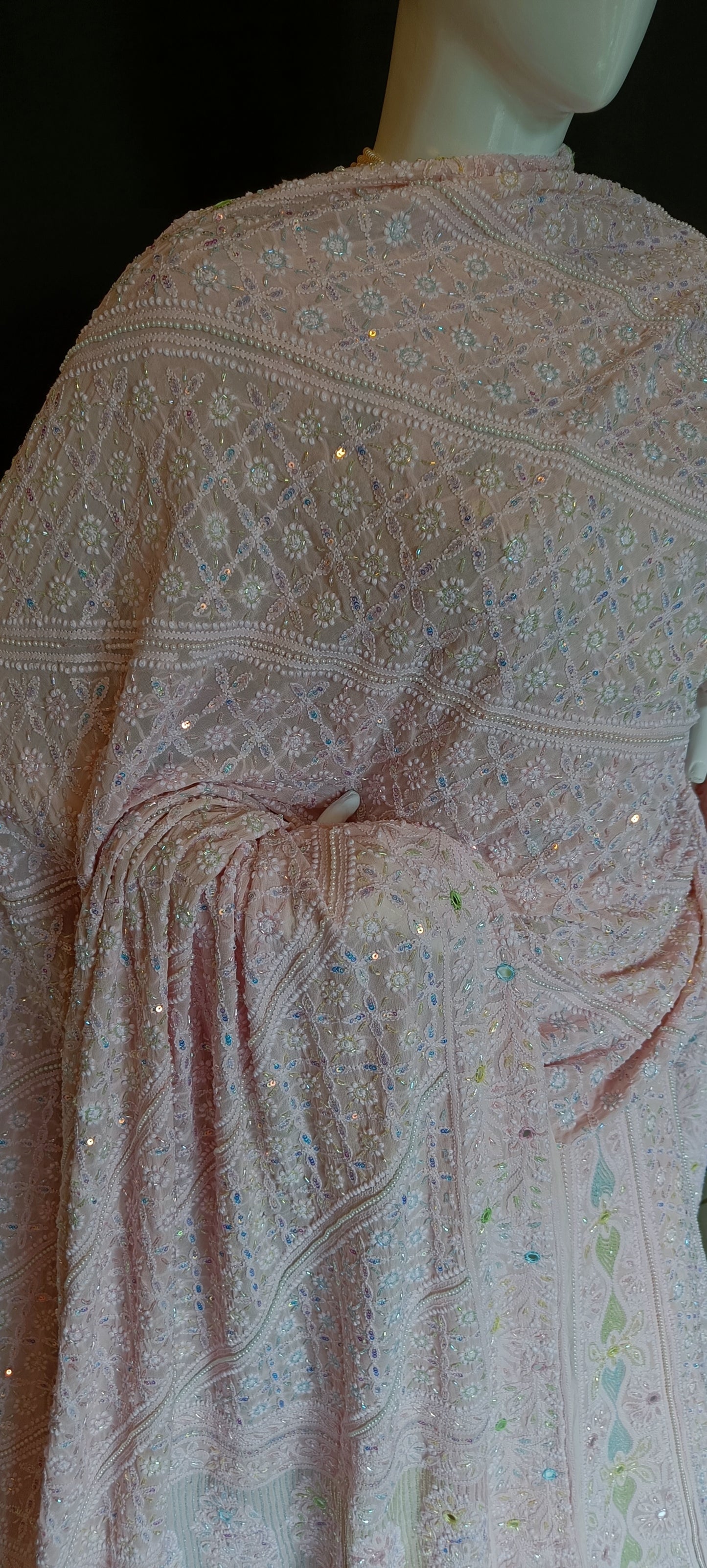 Ruhani Pink Chikankari Multicolored Cut Dana Pearl Sequins Wedding Lehenga