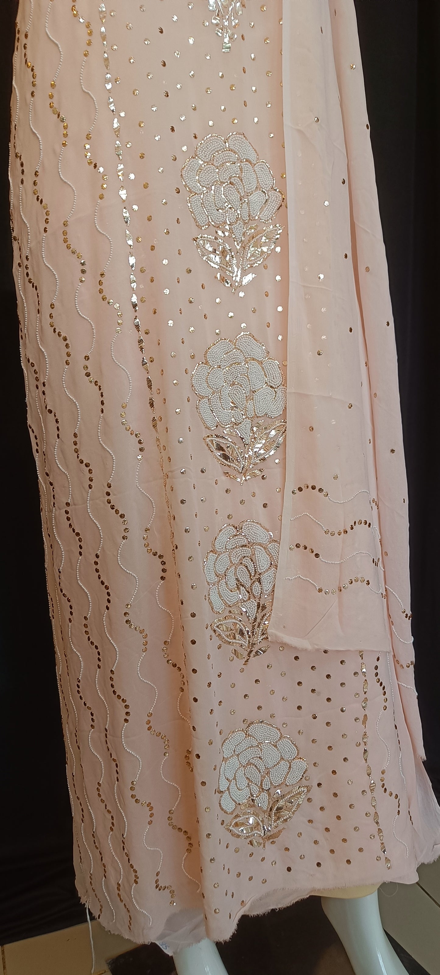 Ruhani Peach Badla and Pearl Embroidered Kurta & Dupatta Set