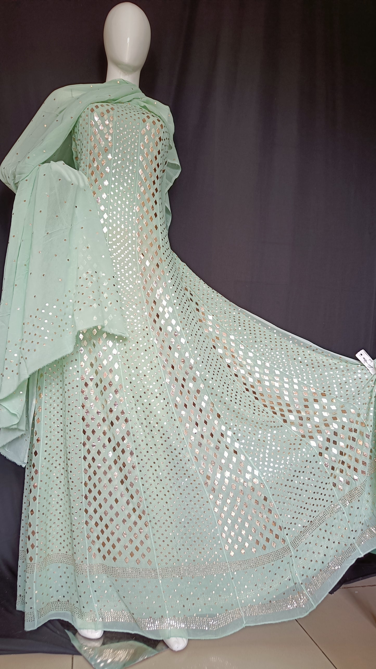 Mint Green Allover Heavy Badla and Mukaish Georgette Anarkali with Dupatta