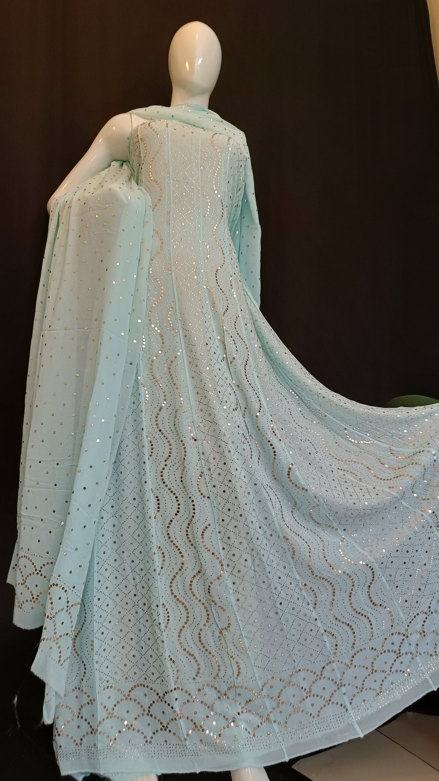 Ice Mint Allover Heavy Mukaish Georgette Anarkali with Dupatta