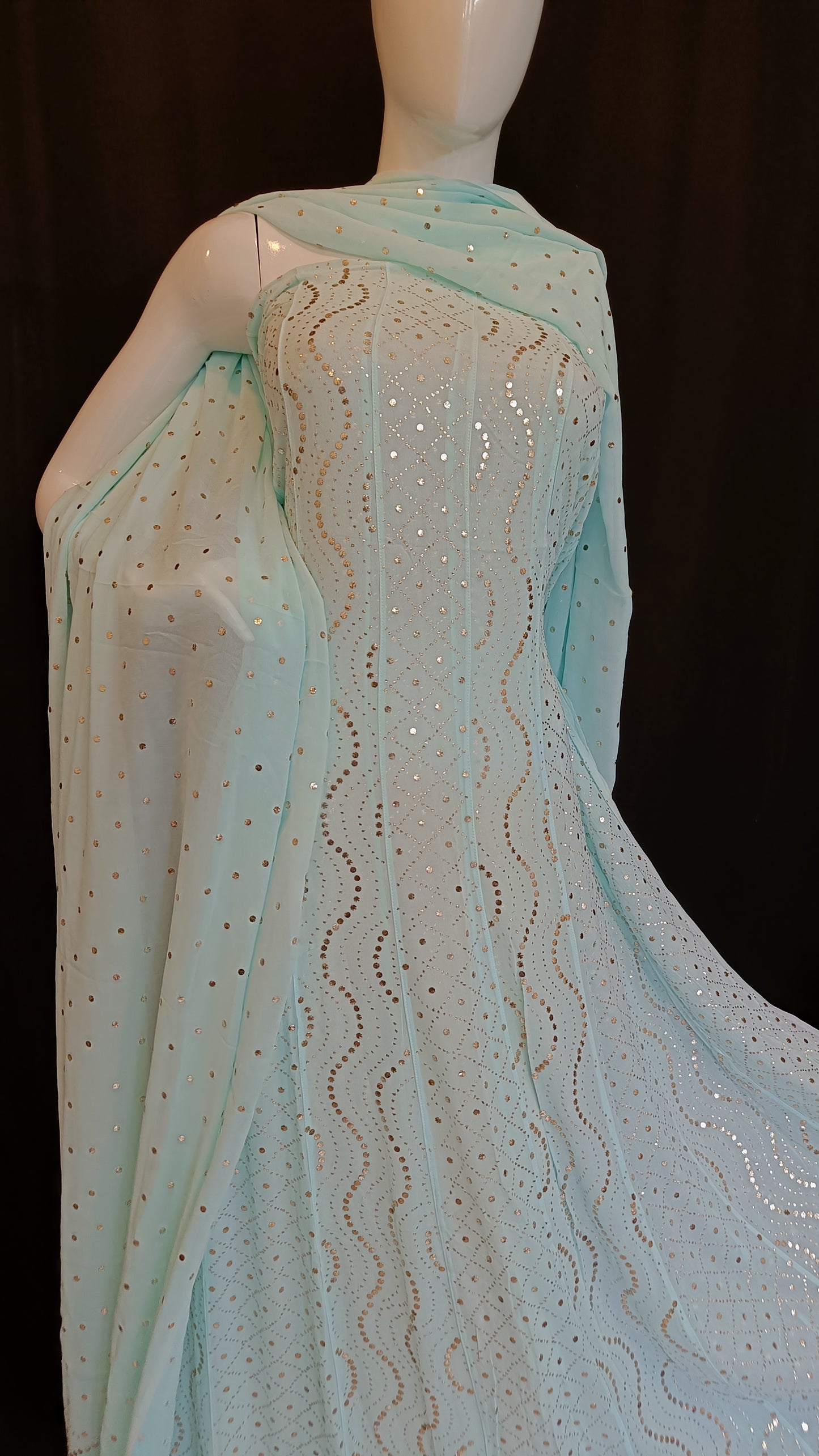 Ice Mint Allover Heavy Mukaish Georgette Anarkali with Dupatta