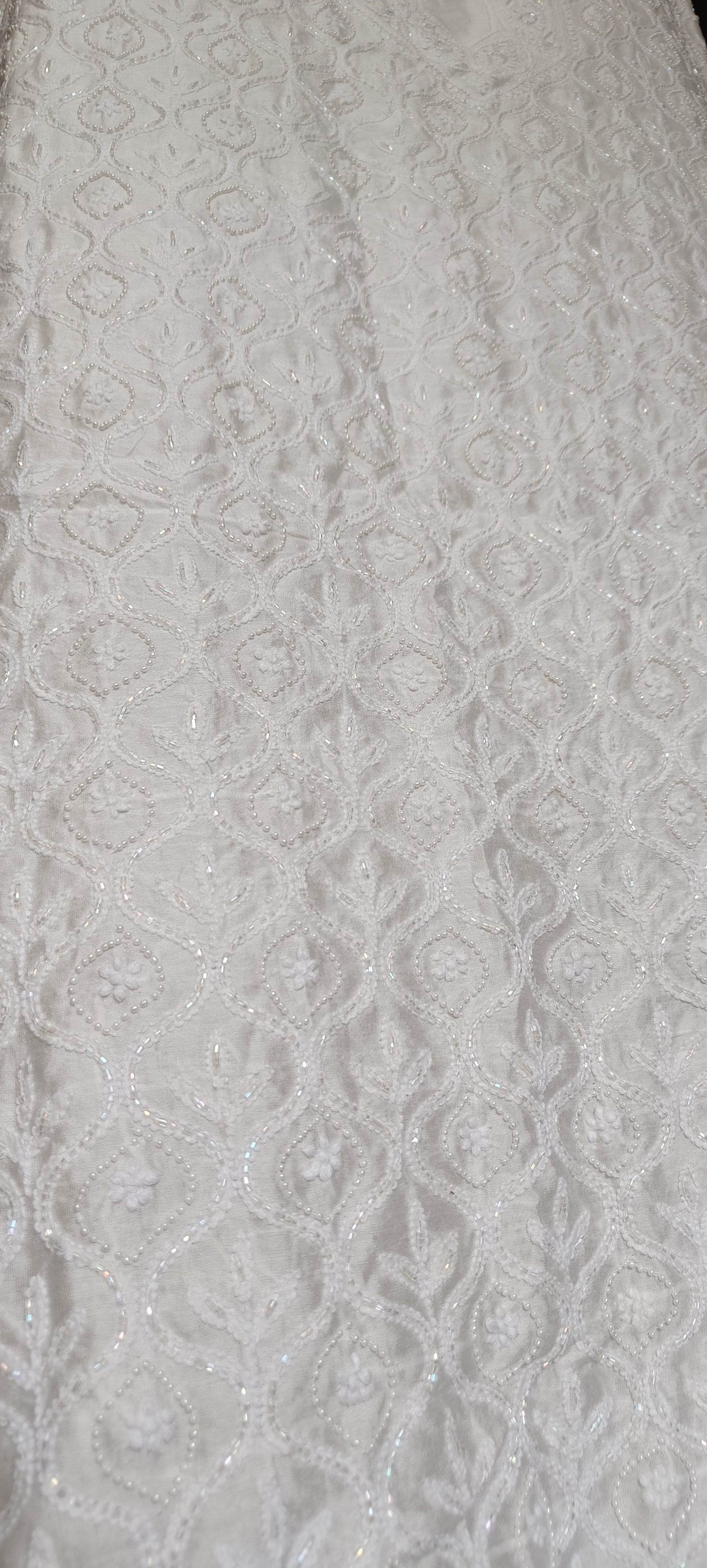 Ivory Chanderi Silk Chikankari Kurta Fabric with cut dana and pearl work