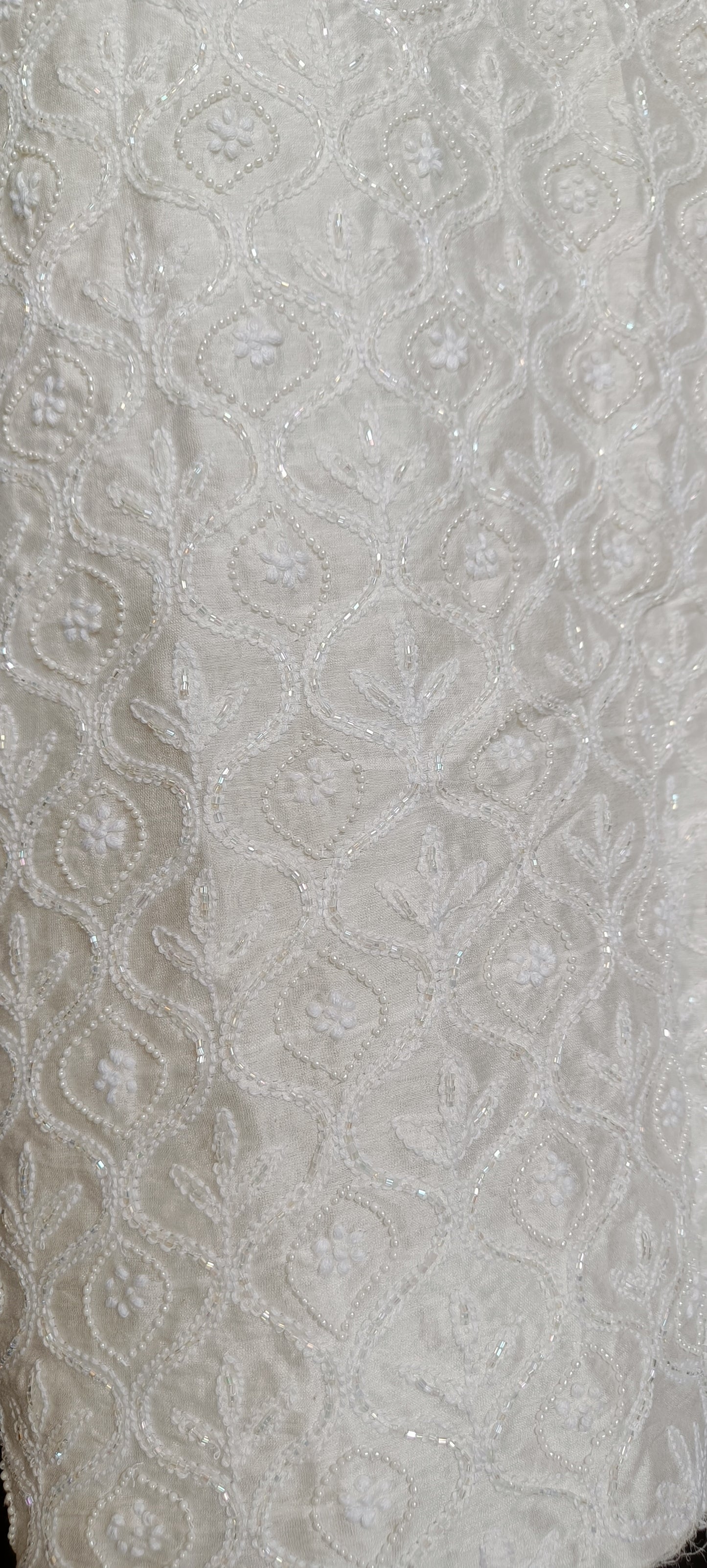 Ivory Chanderi Silk Chikankari Kurta Fabric with cut dana and pearl work