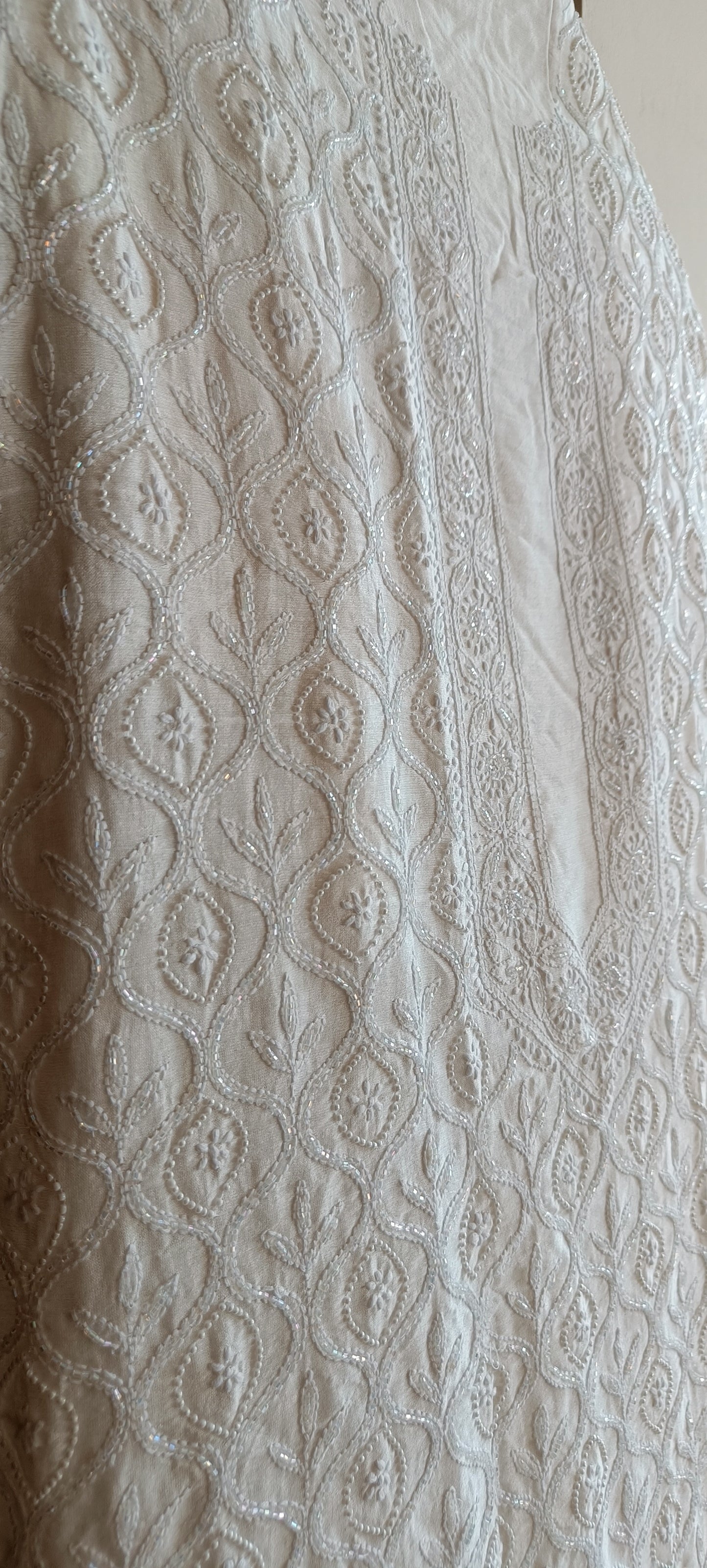 Ivory Chanderi Silk Chikankari Kurta Fabric with cut dana and pearl work