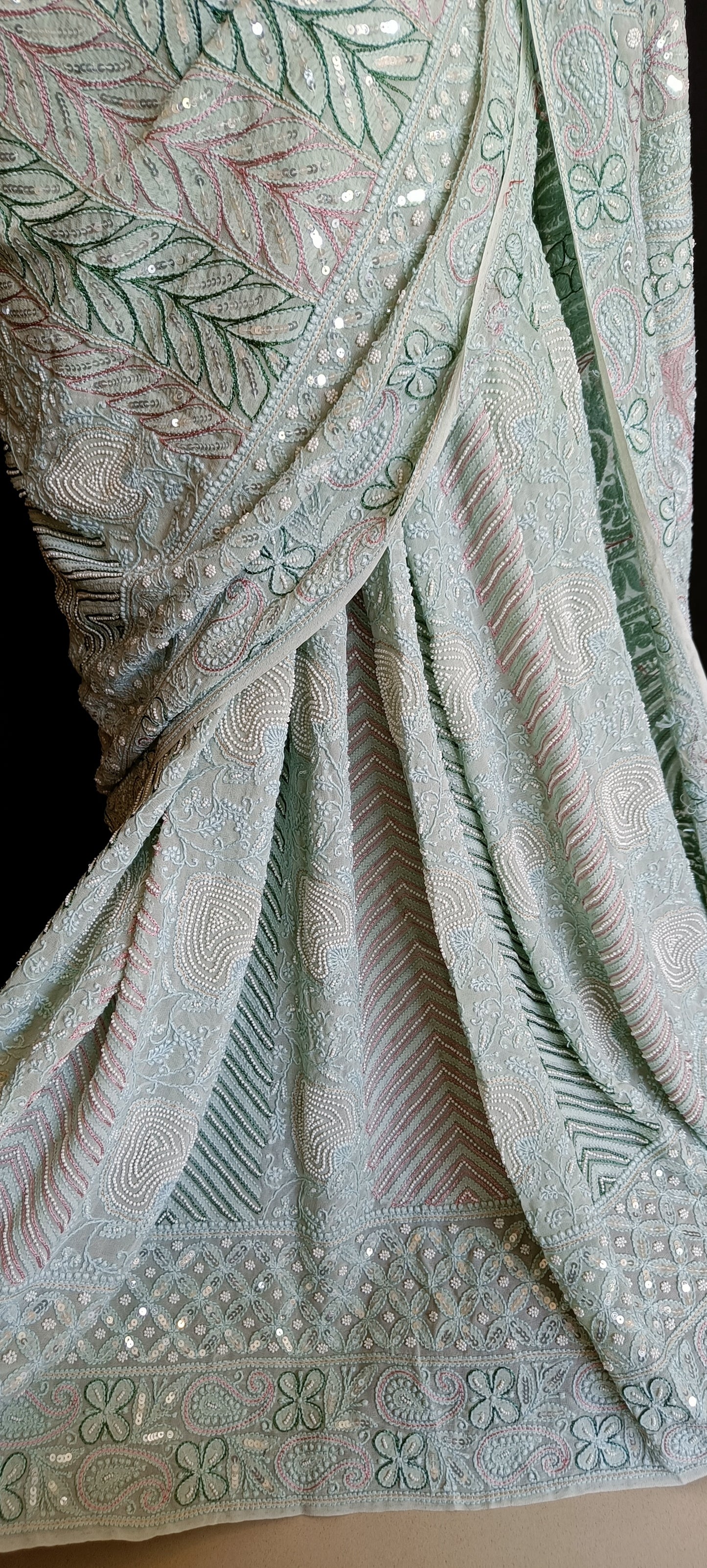 Ruhani Sage Green Chikankari Saree with Pearl Sequins and Resham Embroidery