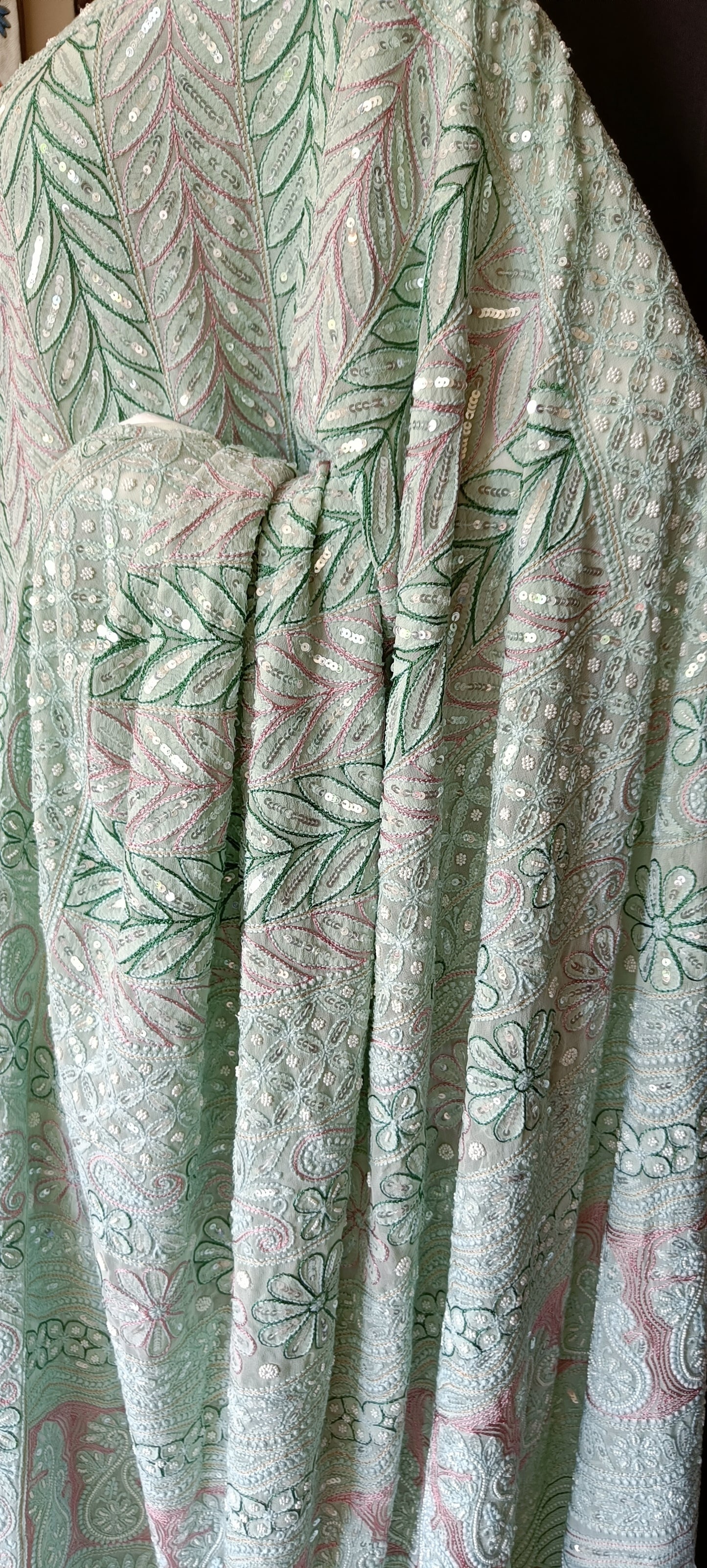 Ruhani Sage Green Chikankari Saree with Pearl Sequins and Resham Embroidery
