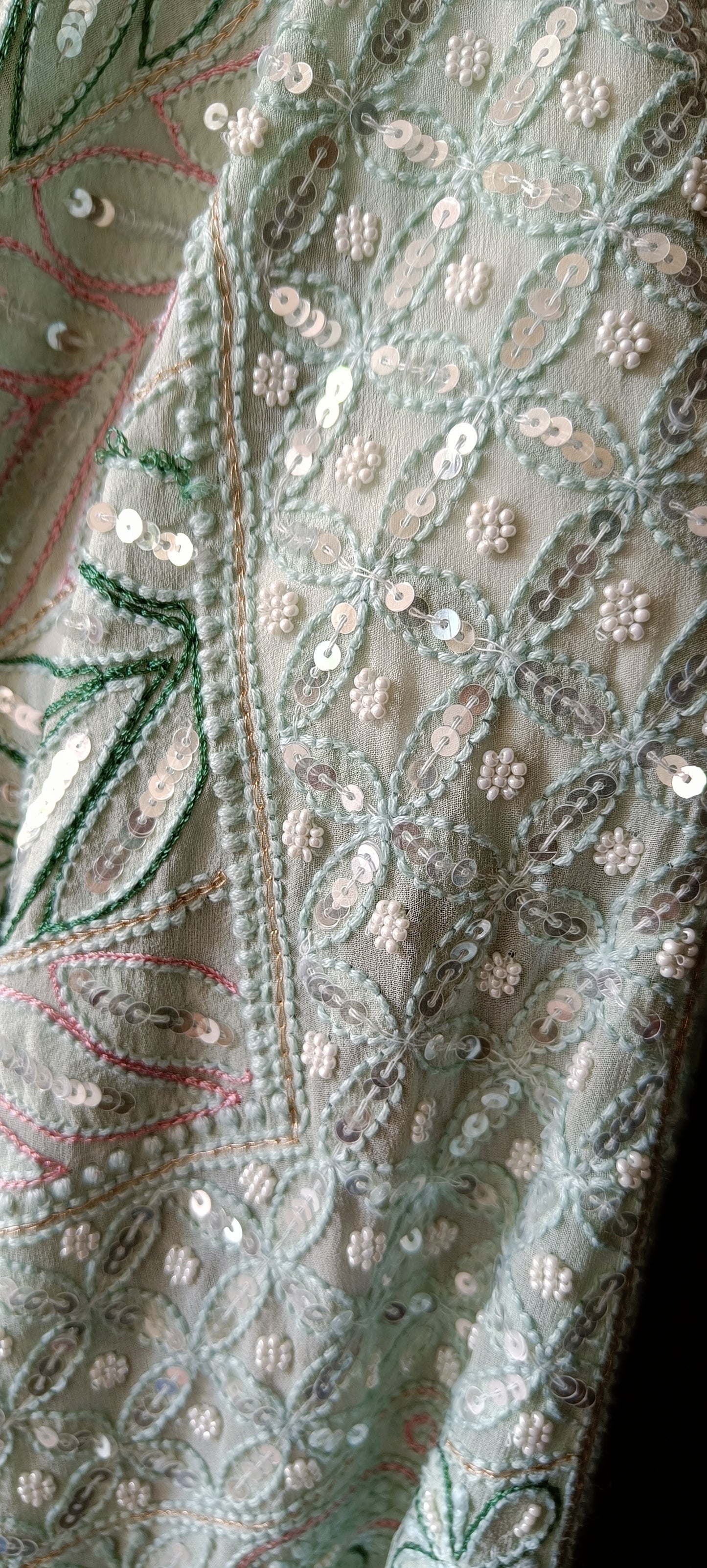 Ruhani Sage Green Chikankari Saree with Pearl Sequins and Resham Embroidery