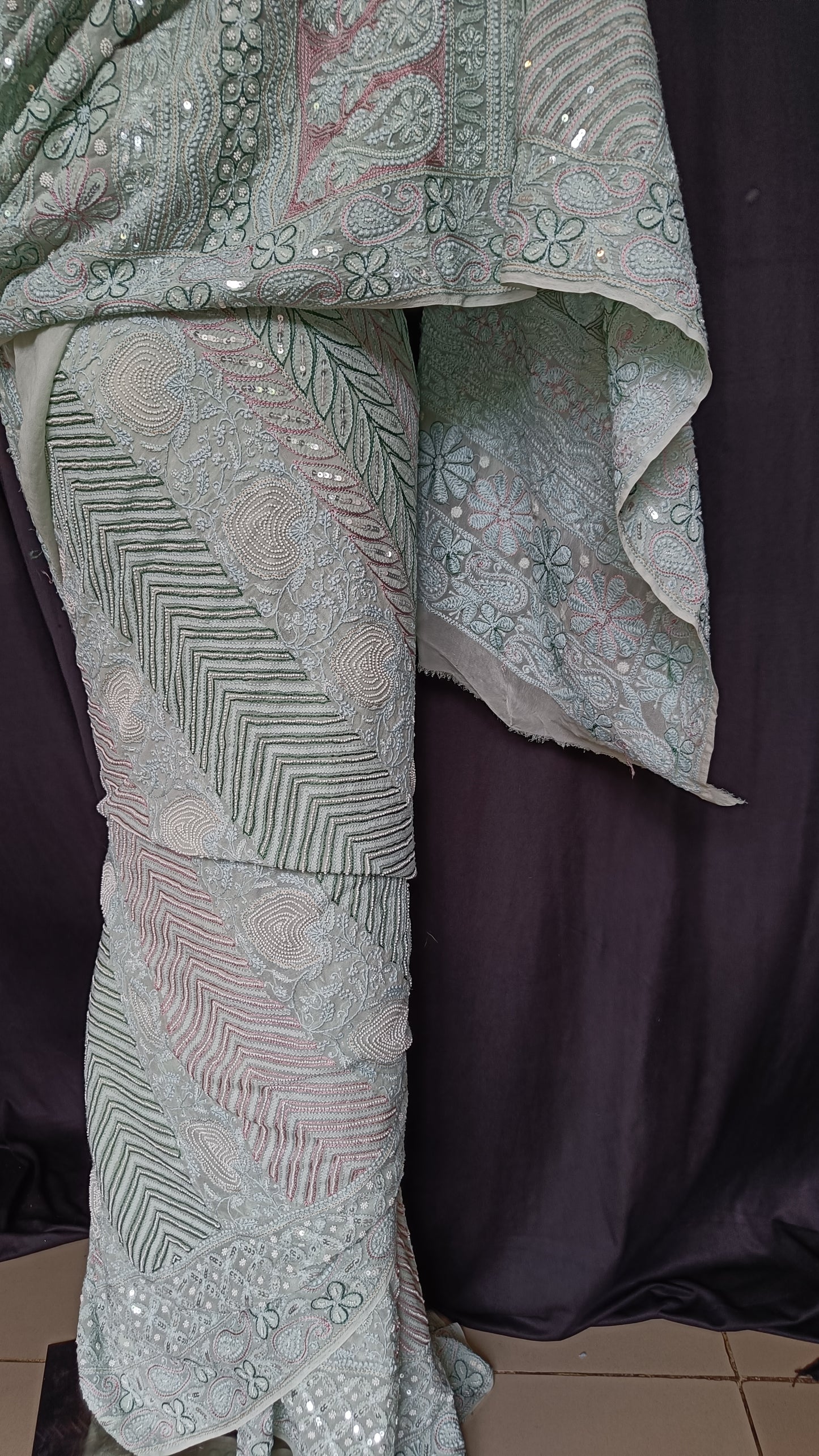 Ruhani Sage Green Chikankari Saree with Pearl Sequins and Resham Embroidery