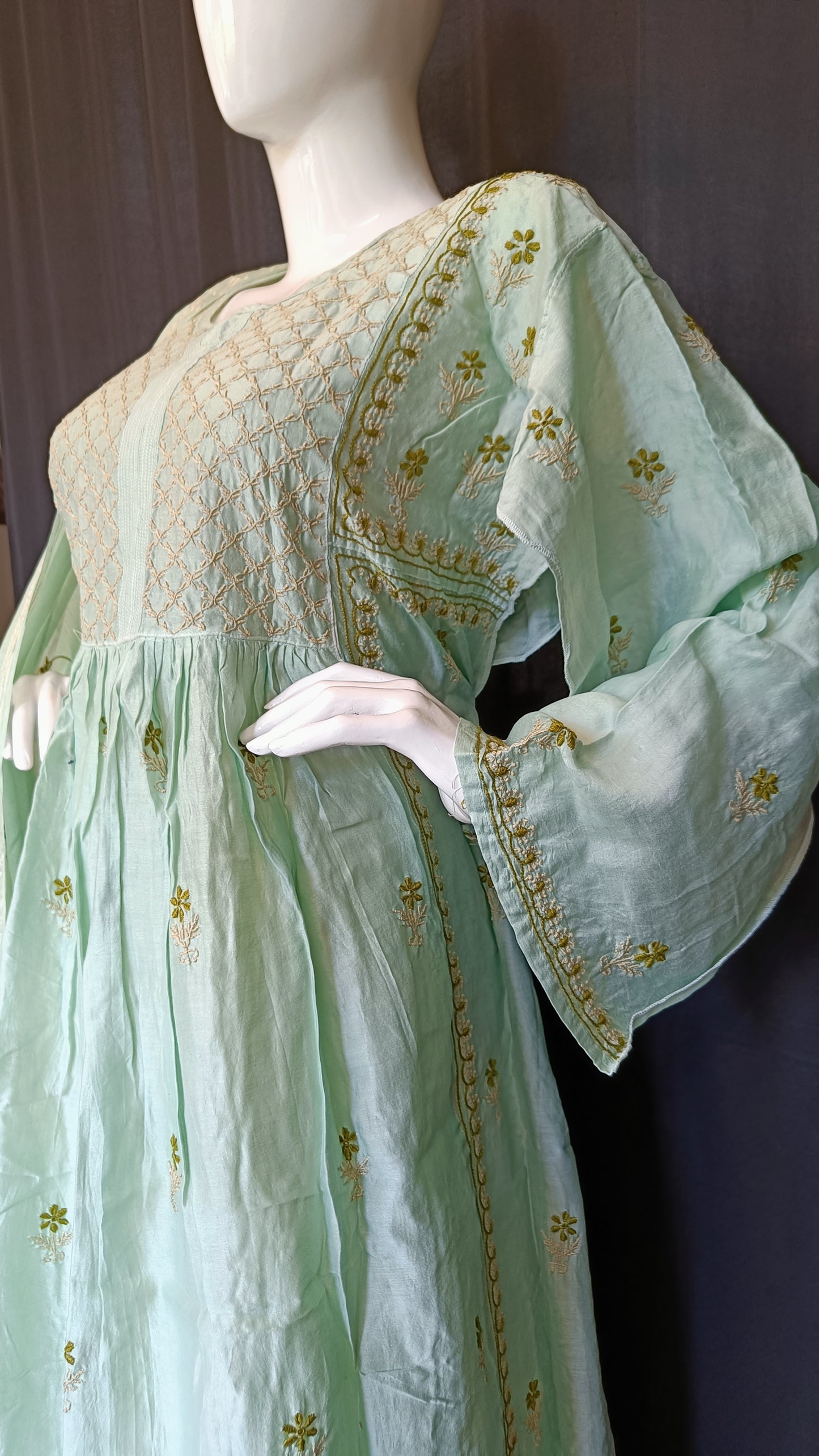 Mint Green Mul Chanderi A Line Chikankari Kurta and Dupatta