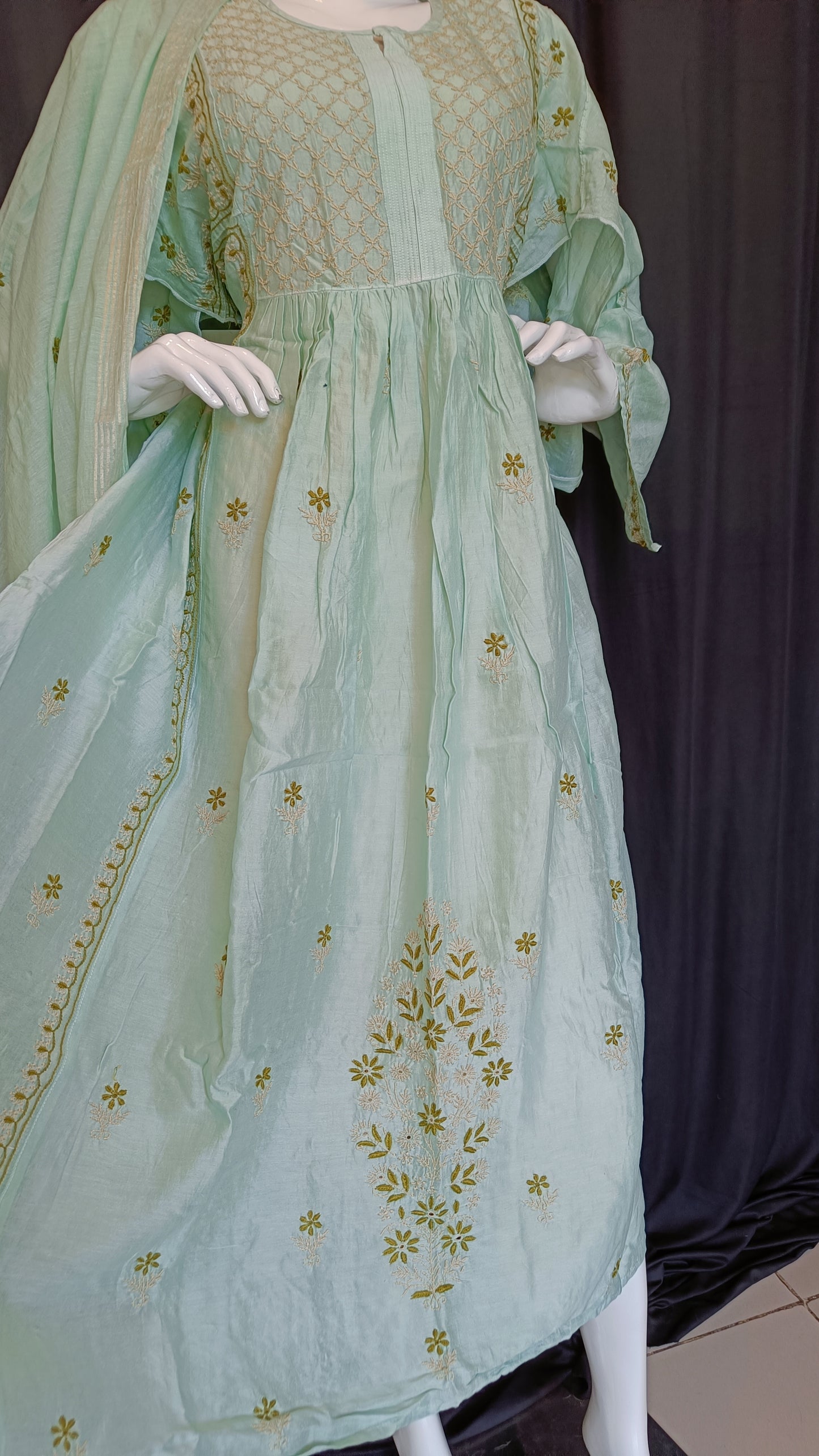 Mint Green Mul Chanderi A Line Chikankari Kurta and Dupatta