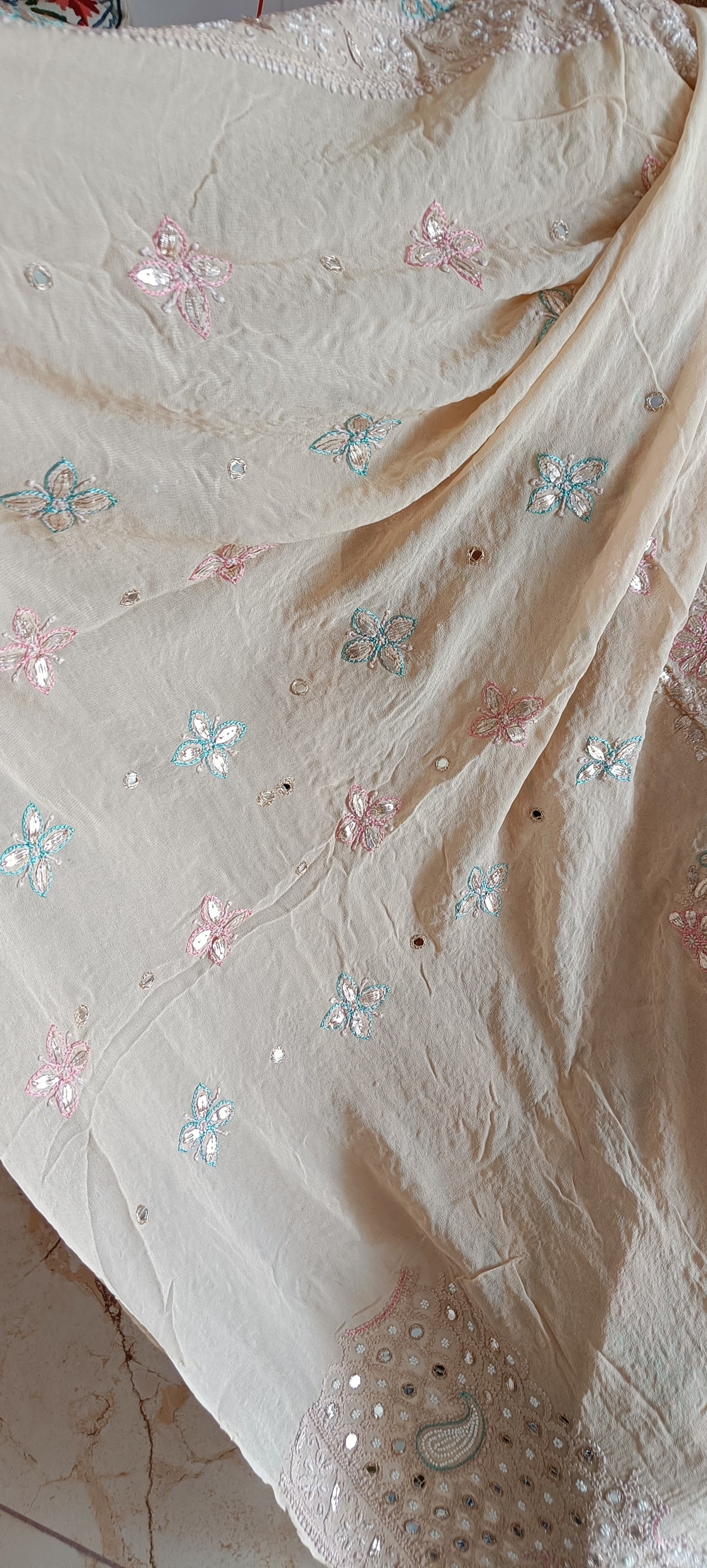 Ruhani Chikankari Mirror Pearl Gota and Multicolored Aari Work Wedding Lehenga