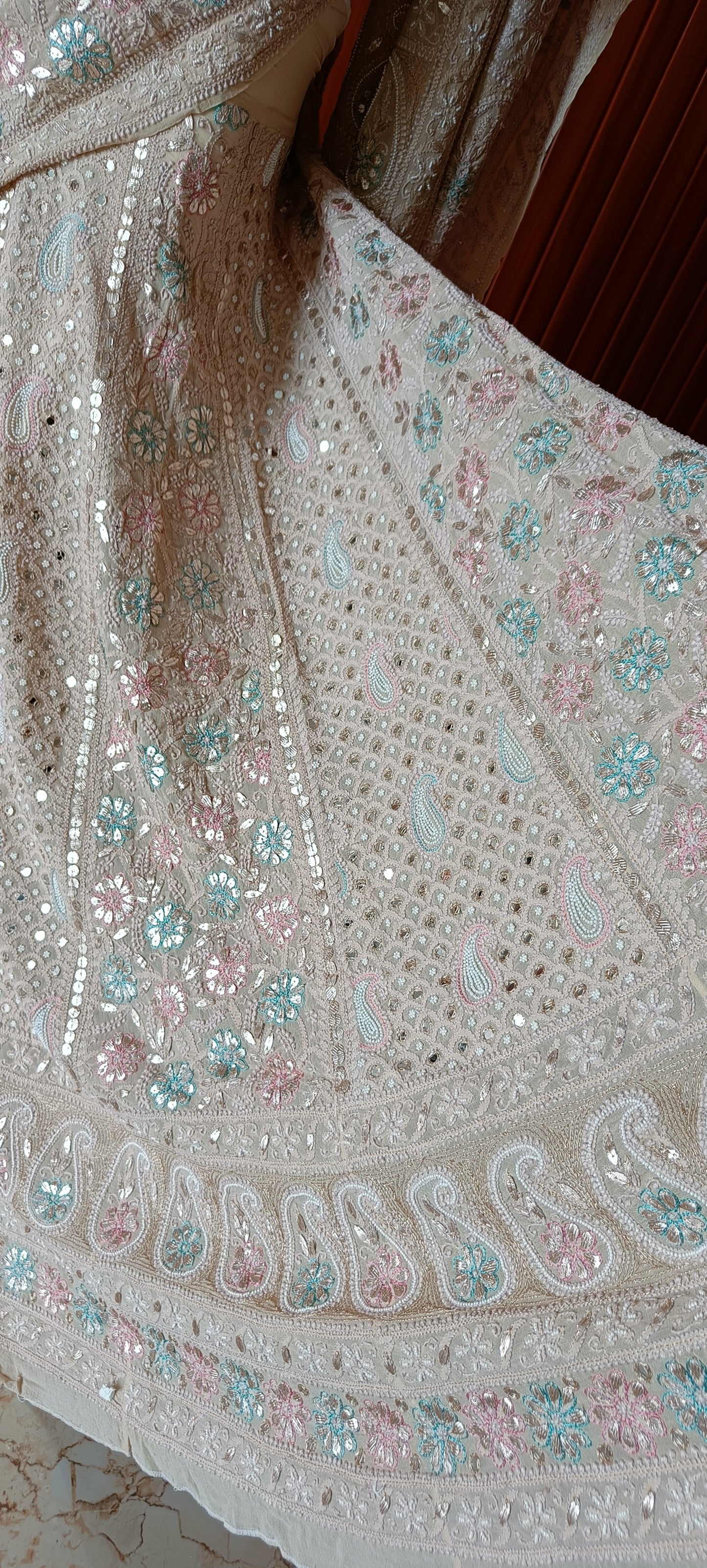 Ruhani Chikankari Mirror Pearl Gota and Multicolored Aari Work Wedding Lehenga