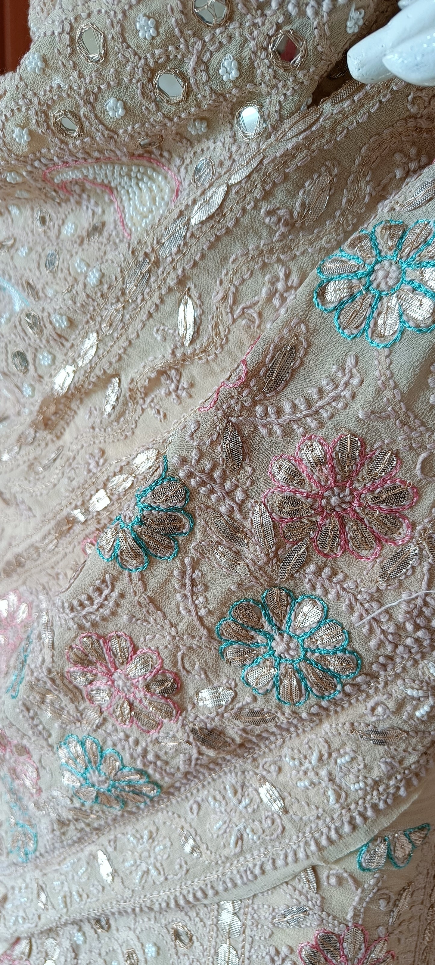 Ruhani Chikankari Mirror Pearl Gota and Multicolored Aari Work Wedding Lehenga