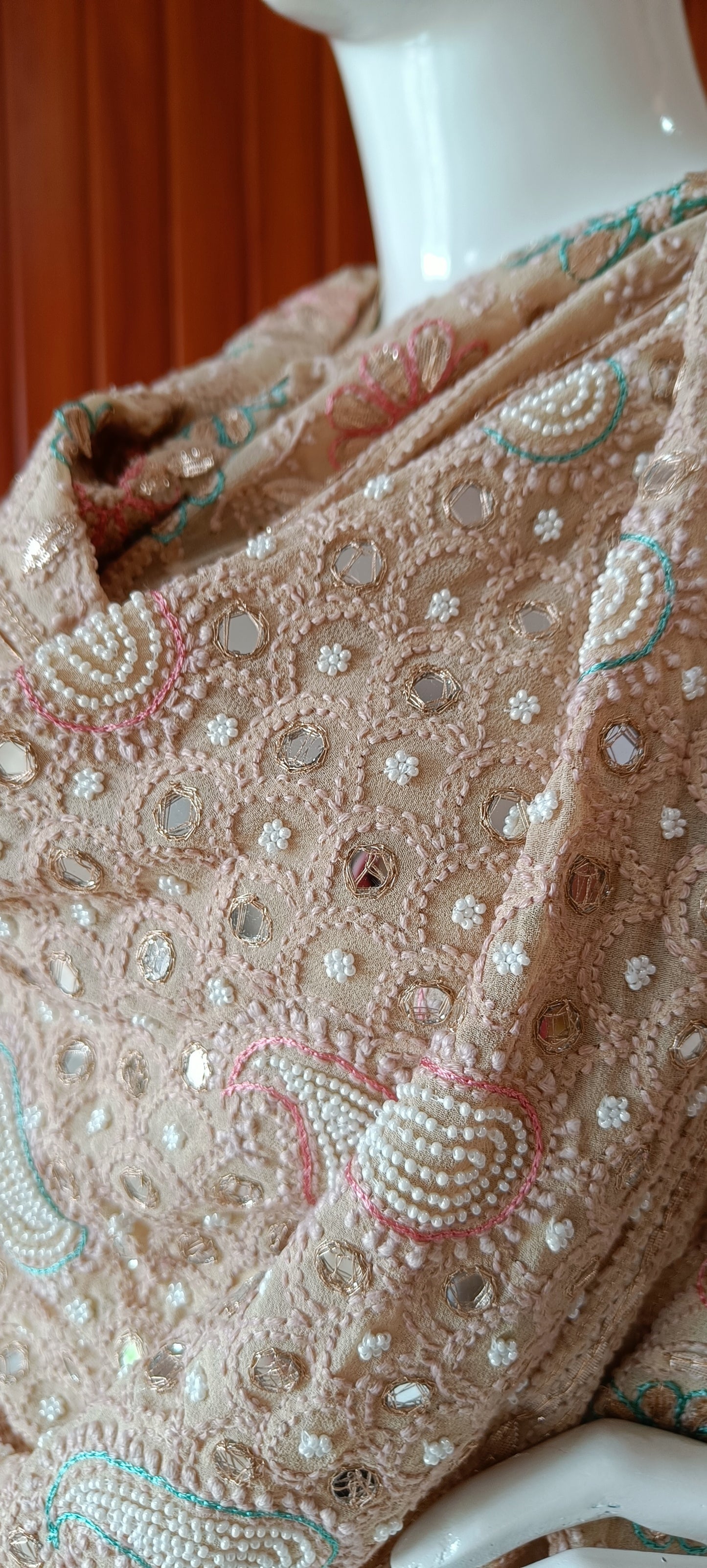 Ruhani Chikankari Mirror Pearl Gota and Multicolored Aari Work Wedding Lehenga