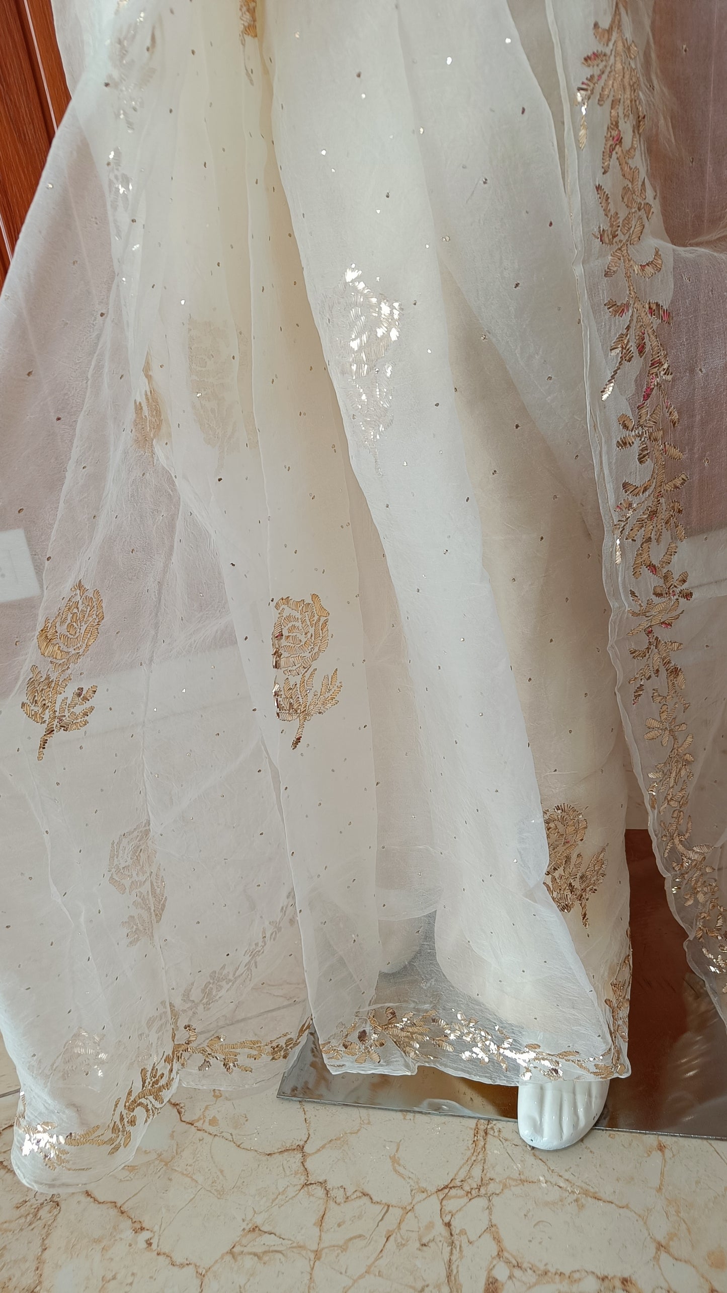 Ivory Pure Organza Saree with Badla and Mukaish Work