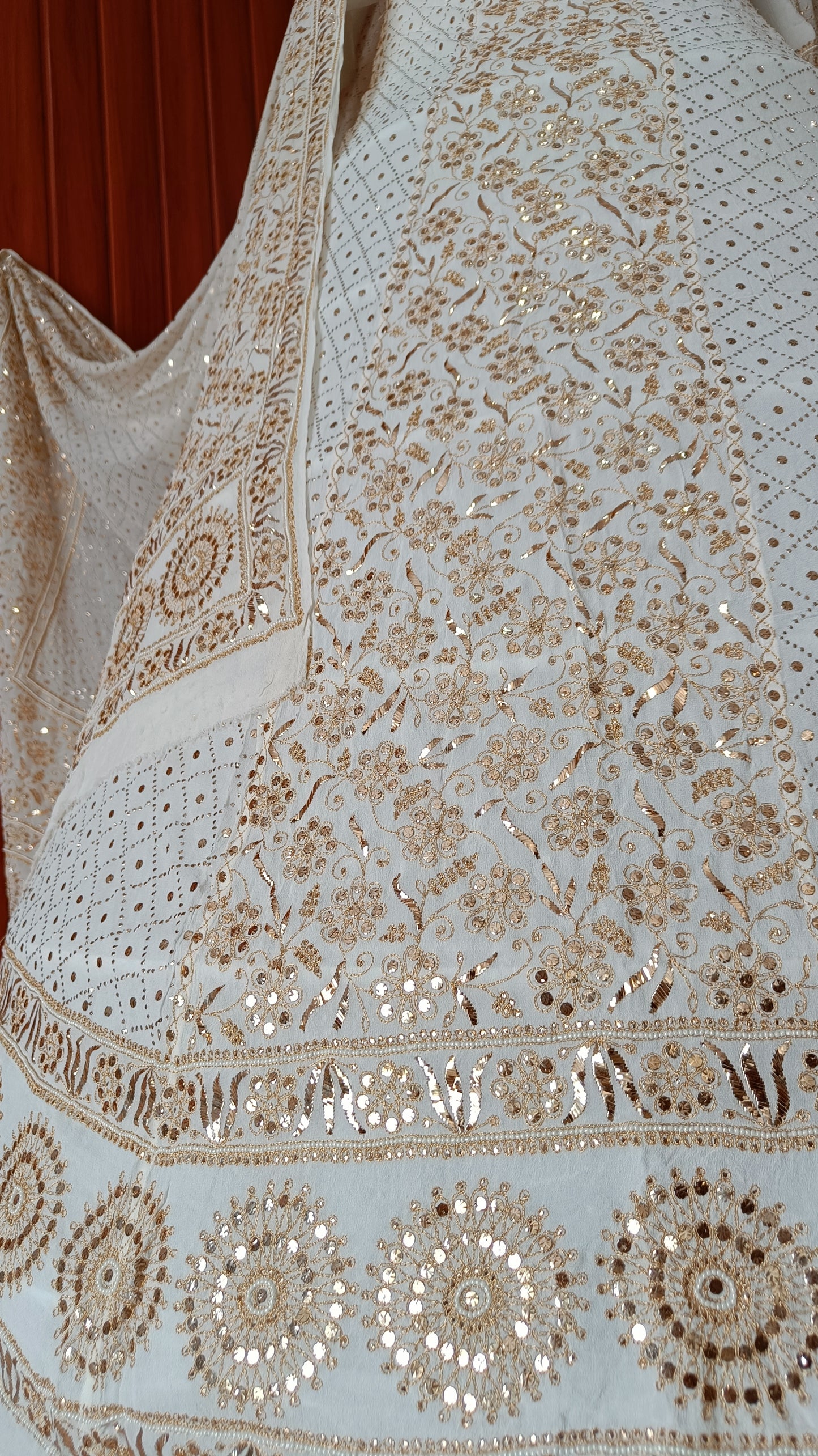 Ruhani Golden Aari and Mukaish work Pure Georgette Wedding Lehenga