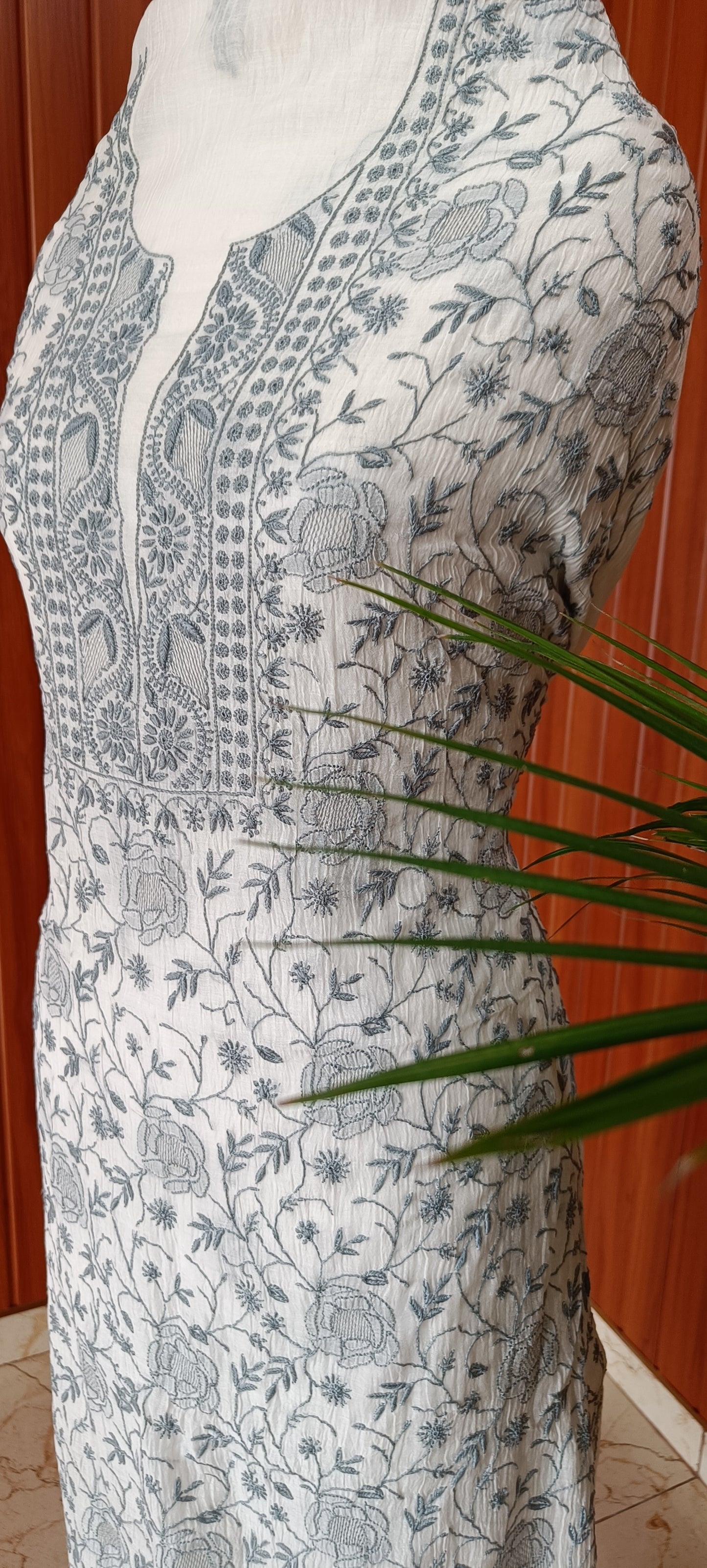 Off White and Bluish Grey Mulmul Chanderi fine Chikankari kurta and dupatta
