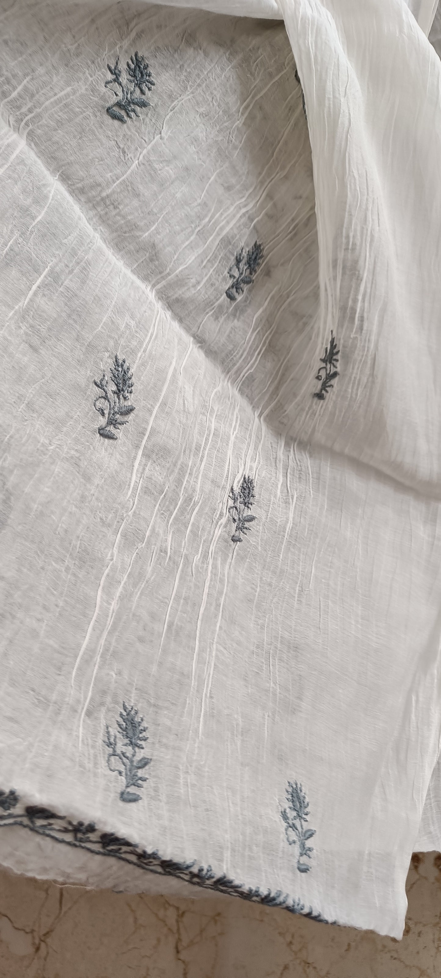 Off White and Bluish Grey Mulmul Chanderi fine Chikankari kurta and dupatta