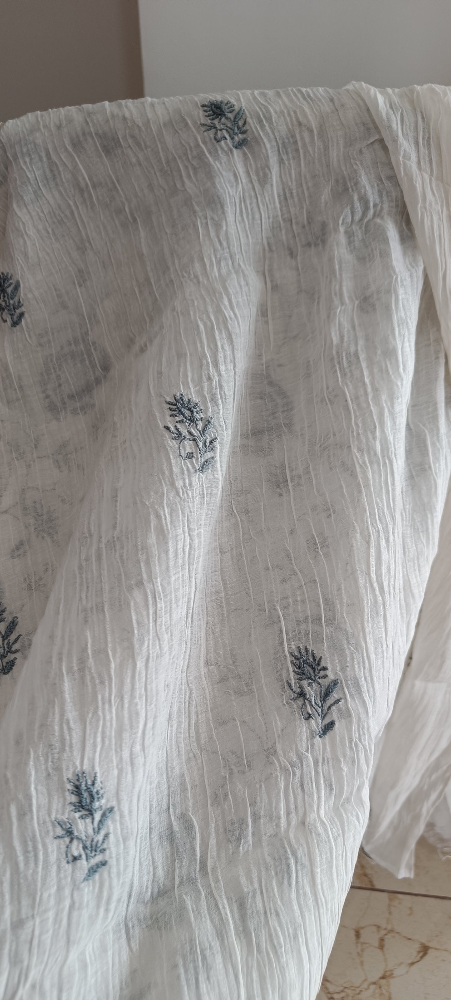 Off White and Bluish Grey Mulmul Chanderi fine Chikankari kurta and dupatta