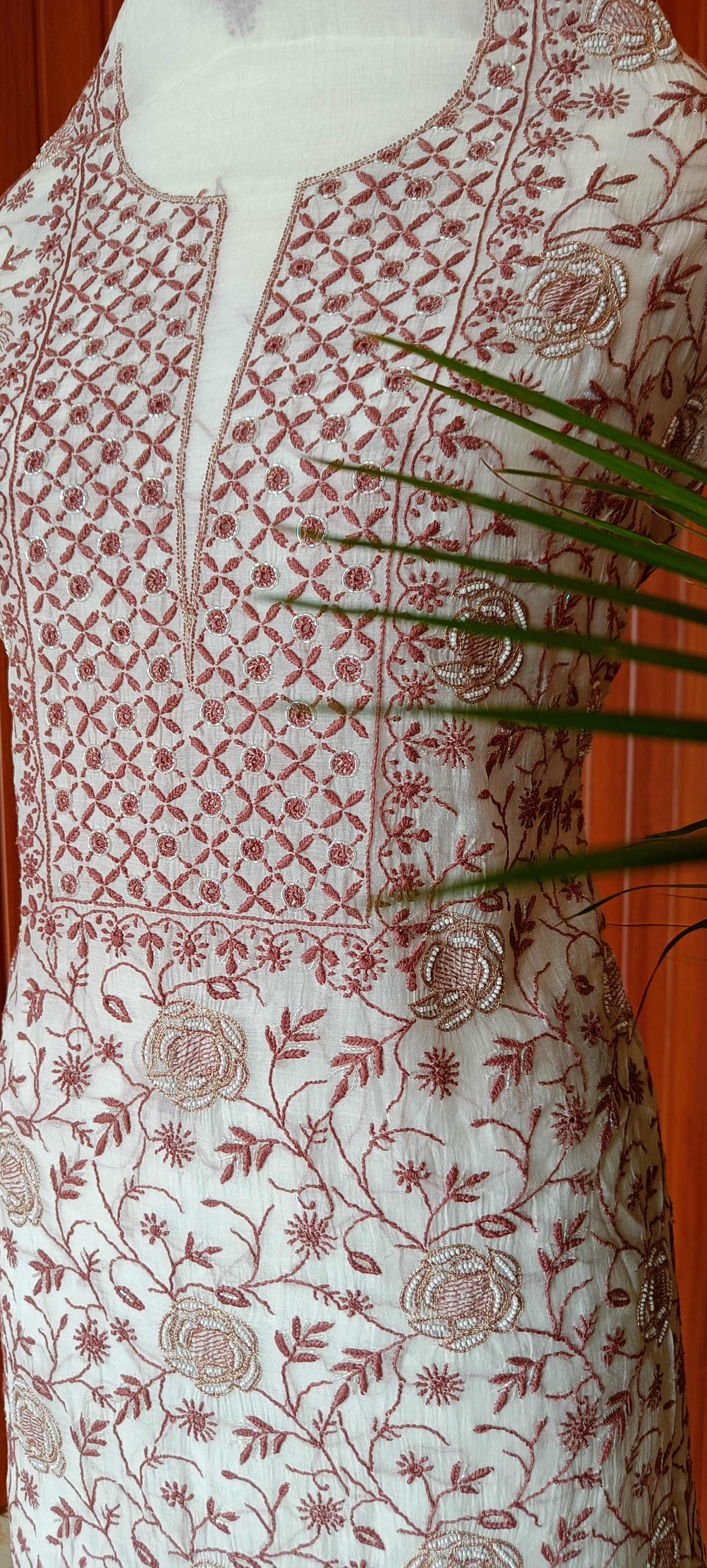 Off White and Pink Mulmul Chanderi fine Chikankari and Pearl Embroidered Suit