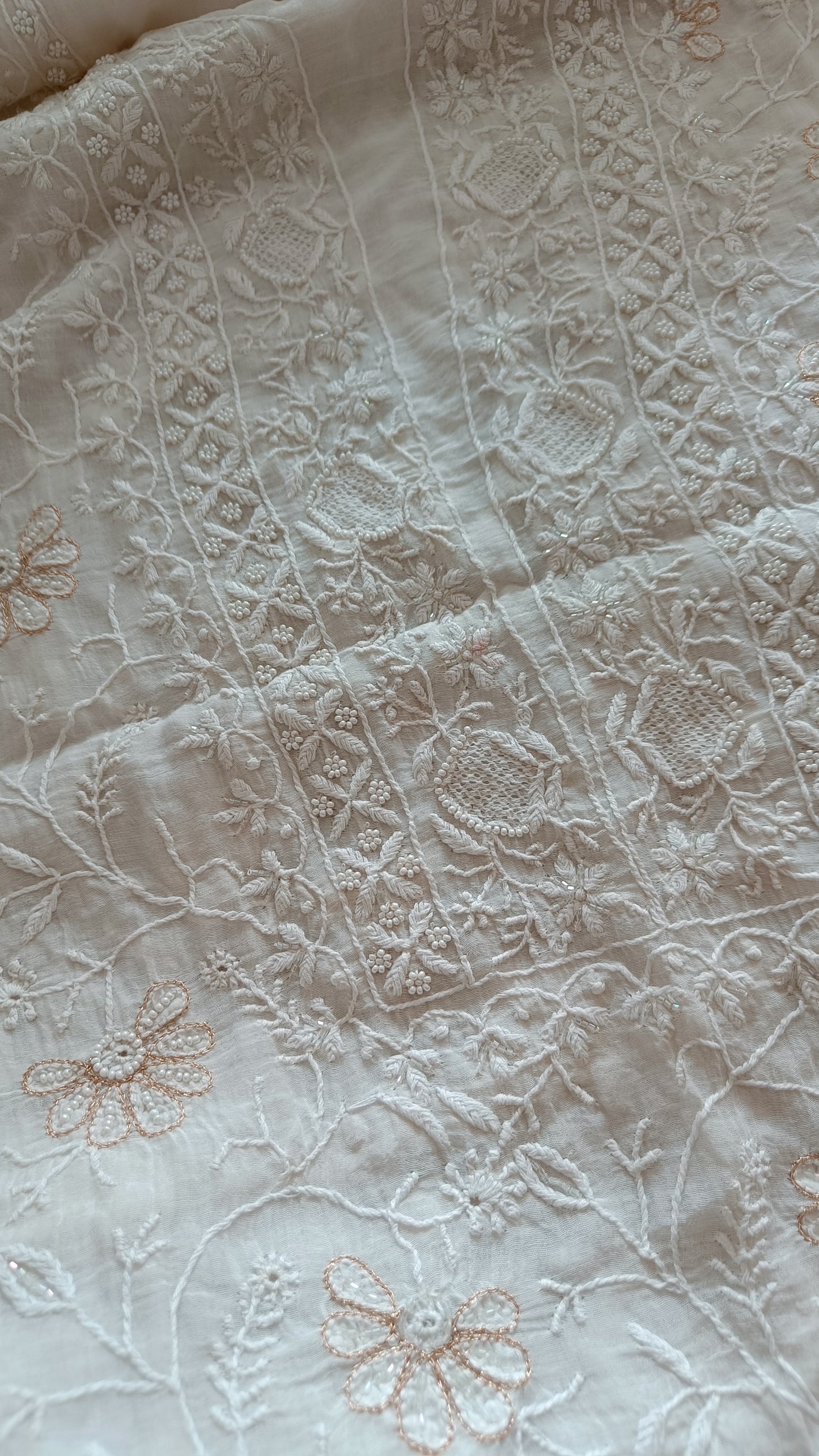 Off White Mulmul Chanderi fine Chikankari and Pearl Embroidered Suit