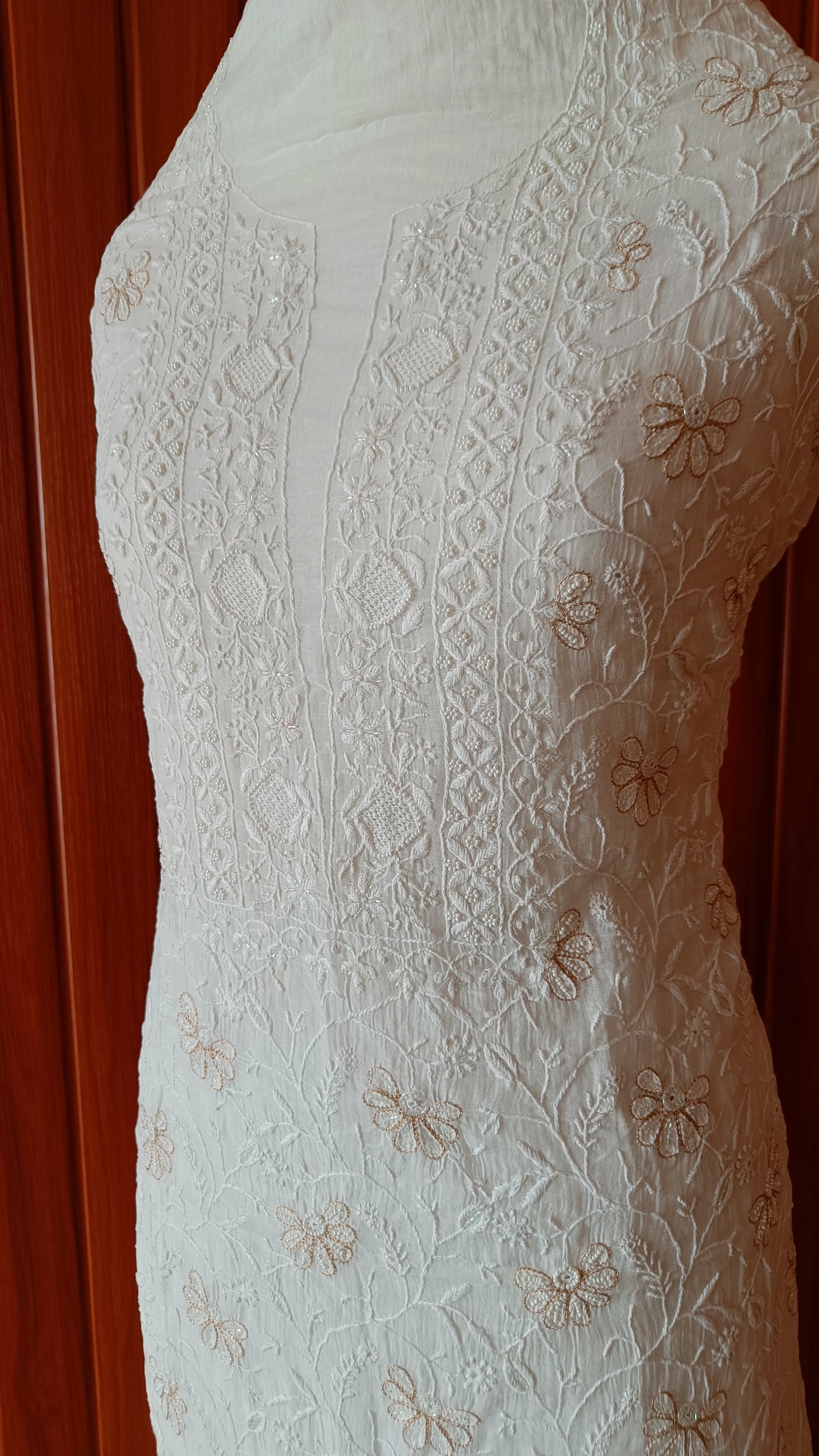 Off White Mulmul Chanderi fine Chikankari and Pearl Embroidered Suit