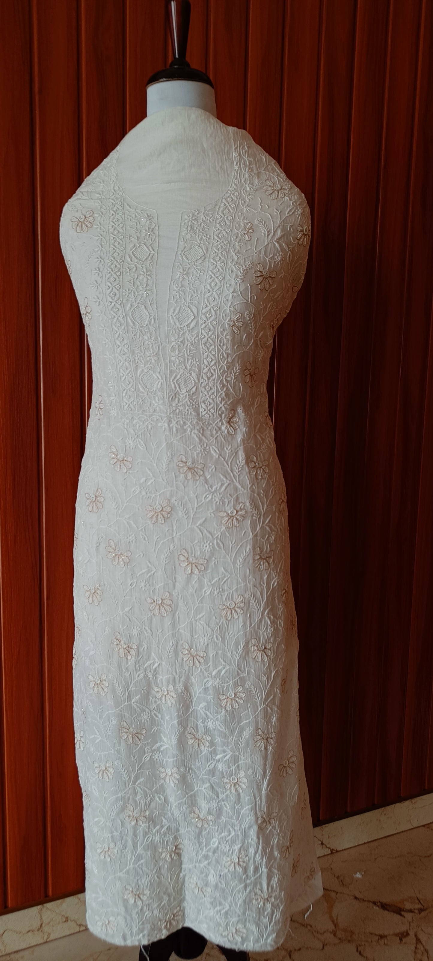 Off White Mulmul Chanderi fine Chikankari and Pearl Embroidered Suit