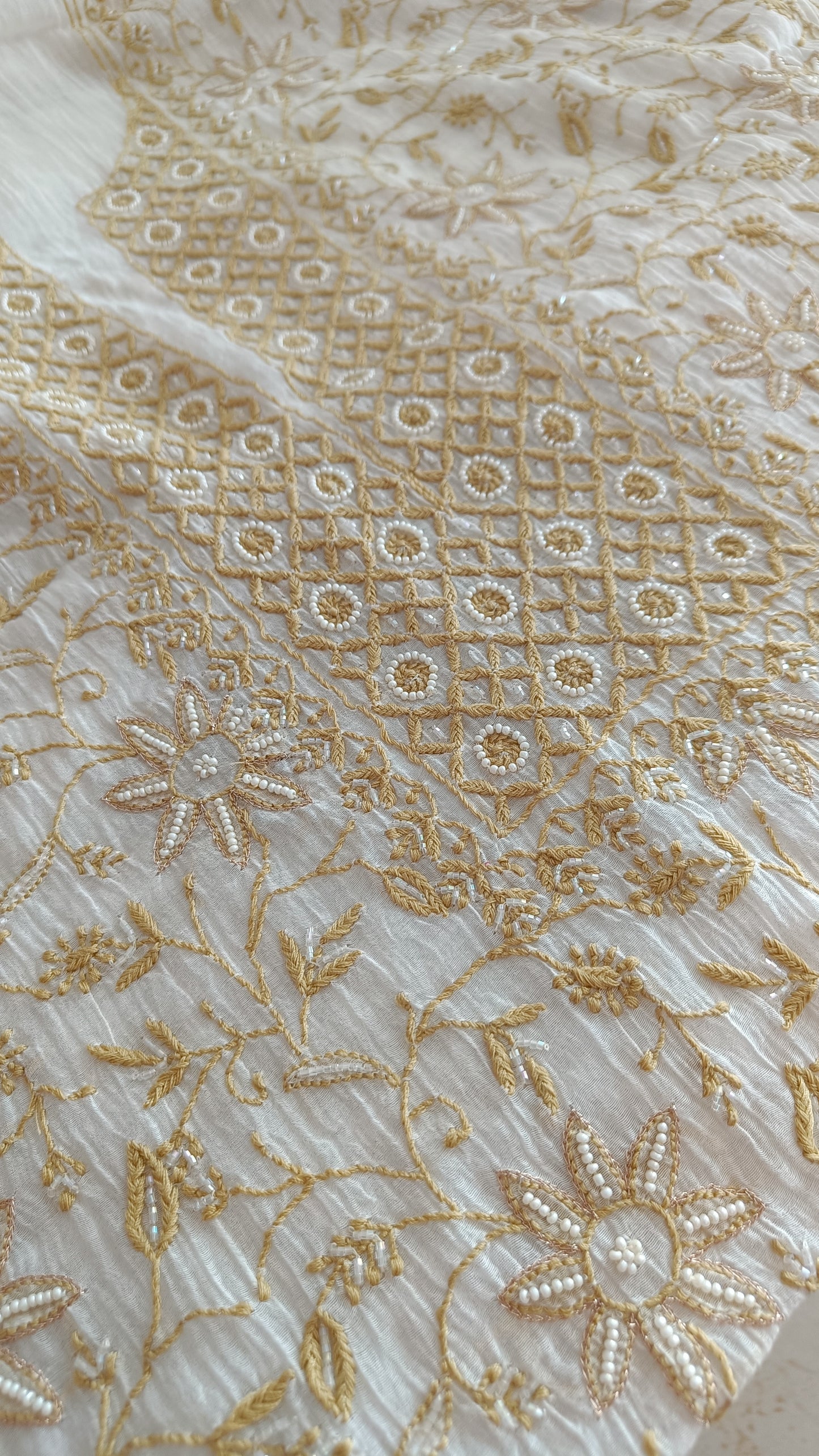 Off White and Mustard Mulmul Chanderi fine Chikankari and Pearl Embroidered Suit