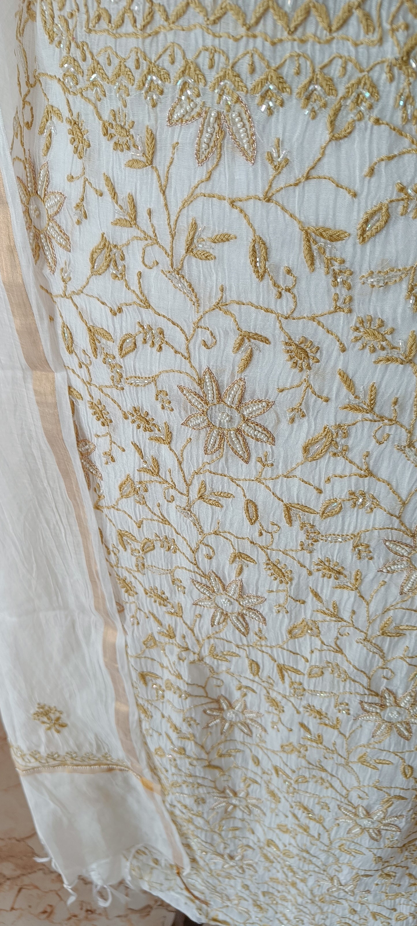 Off White and Mustard Mulmul Chanderi fine Chikankari and Pearl Embroidered Suit
