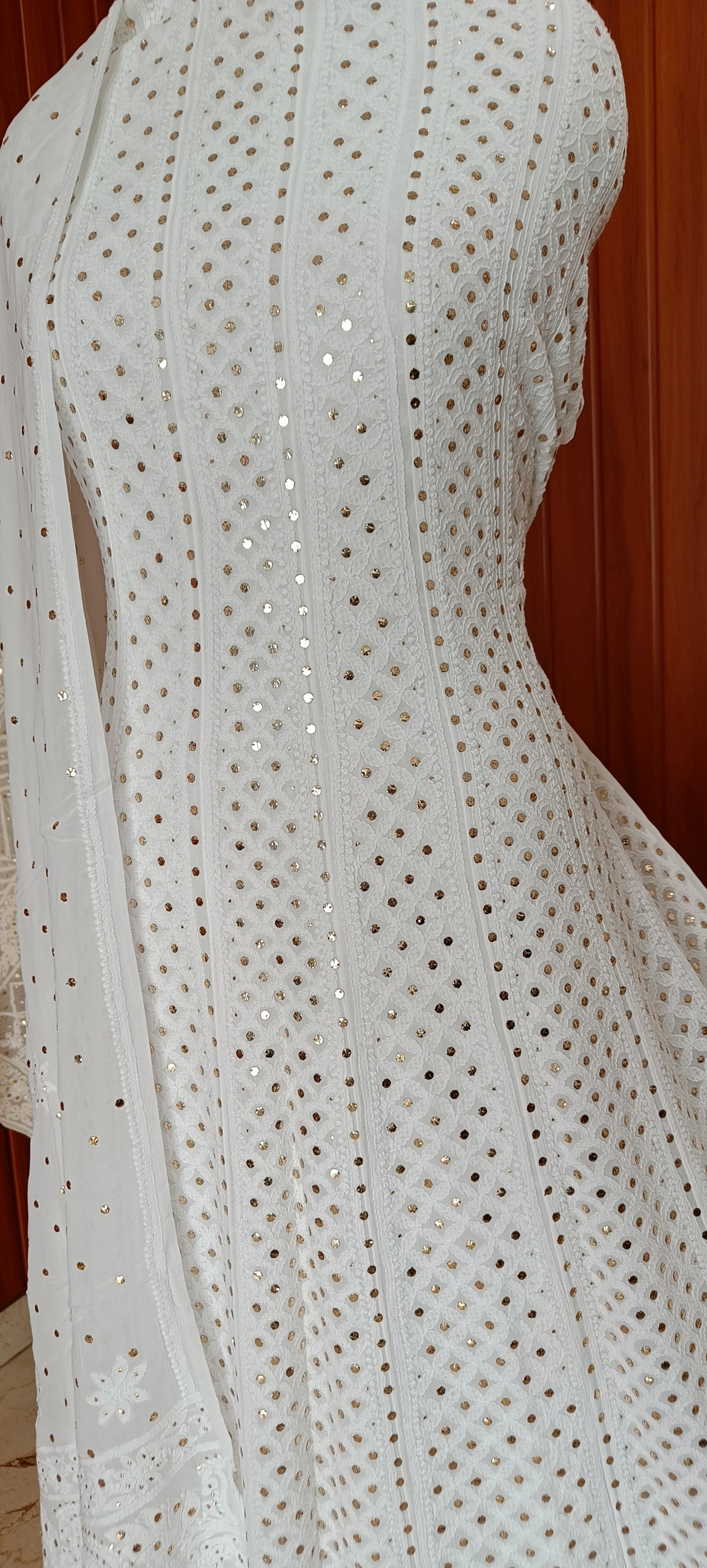 White allover Chikankari and heavy mukaish anarkali with dupatta