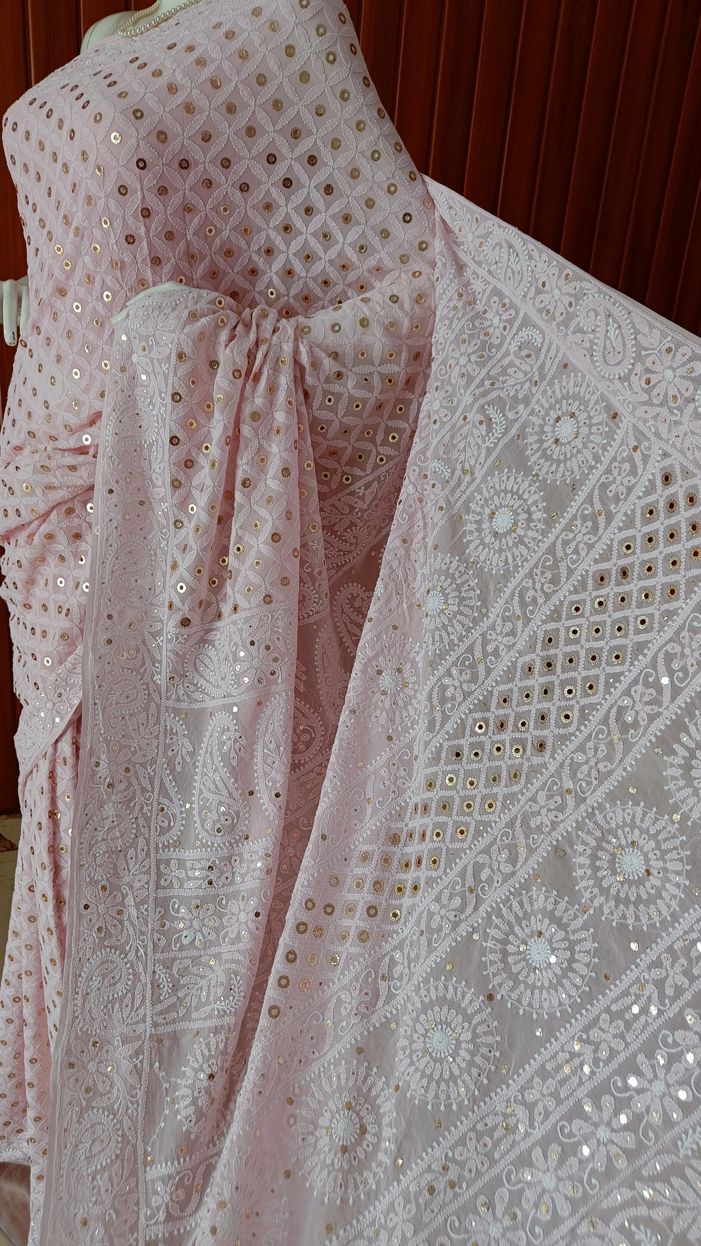 Pink Ruhani allover Chikankari and Heavy Ring Mukaish Saree