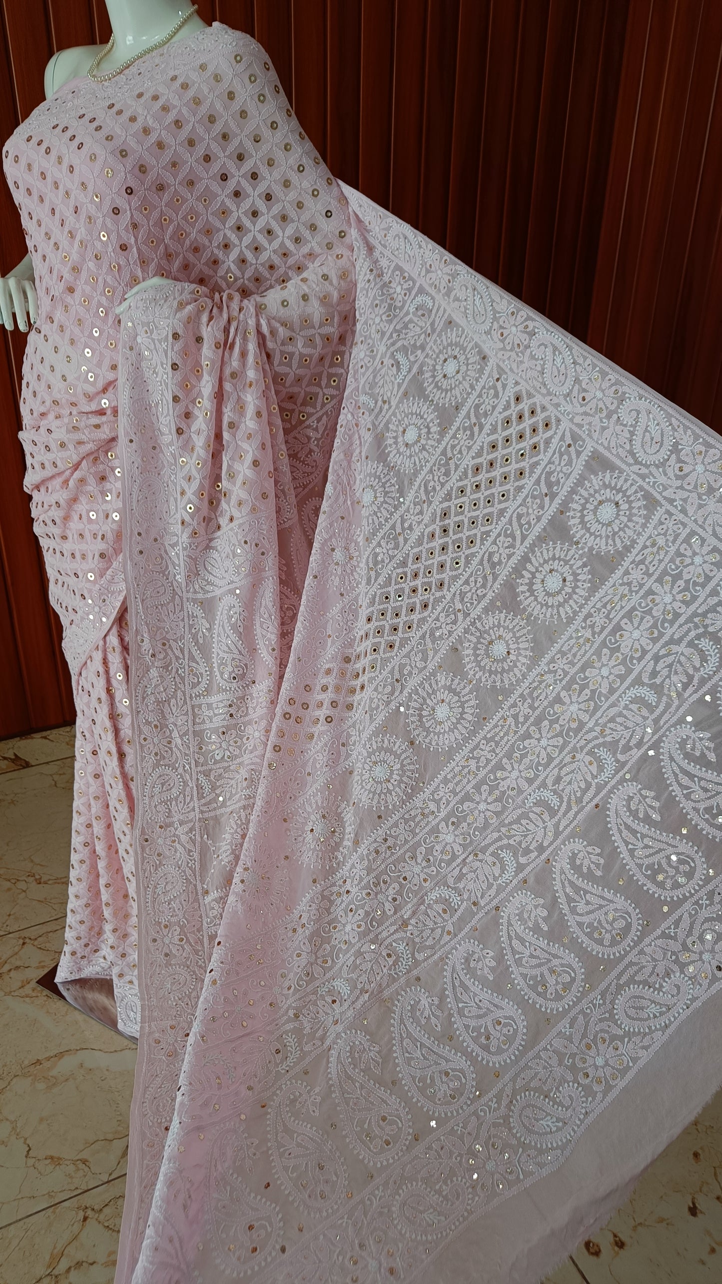 Pink Ruhani allover Chikankari and Heavy Ring Mukaish Saree