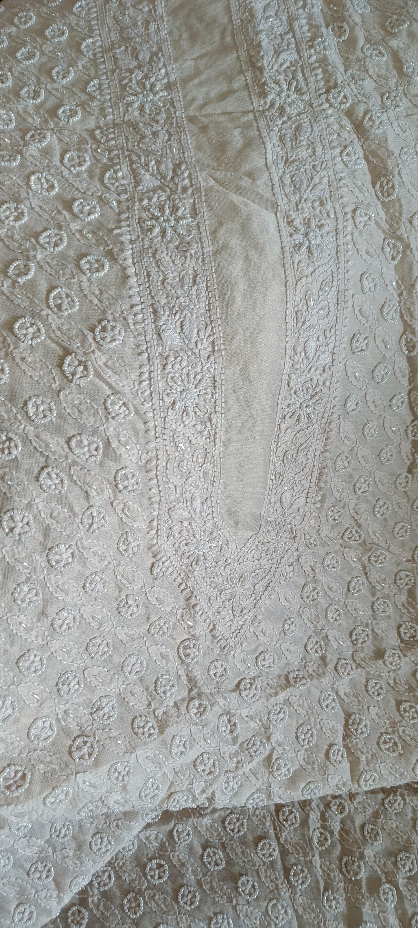 Beige Chanderi Silk Chikankari Kurta Fabric with cut dana and pearl work