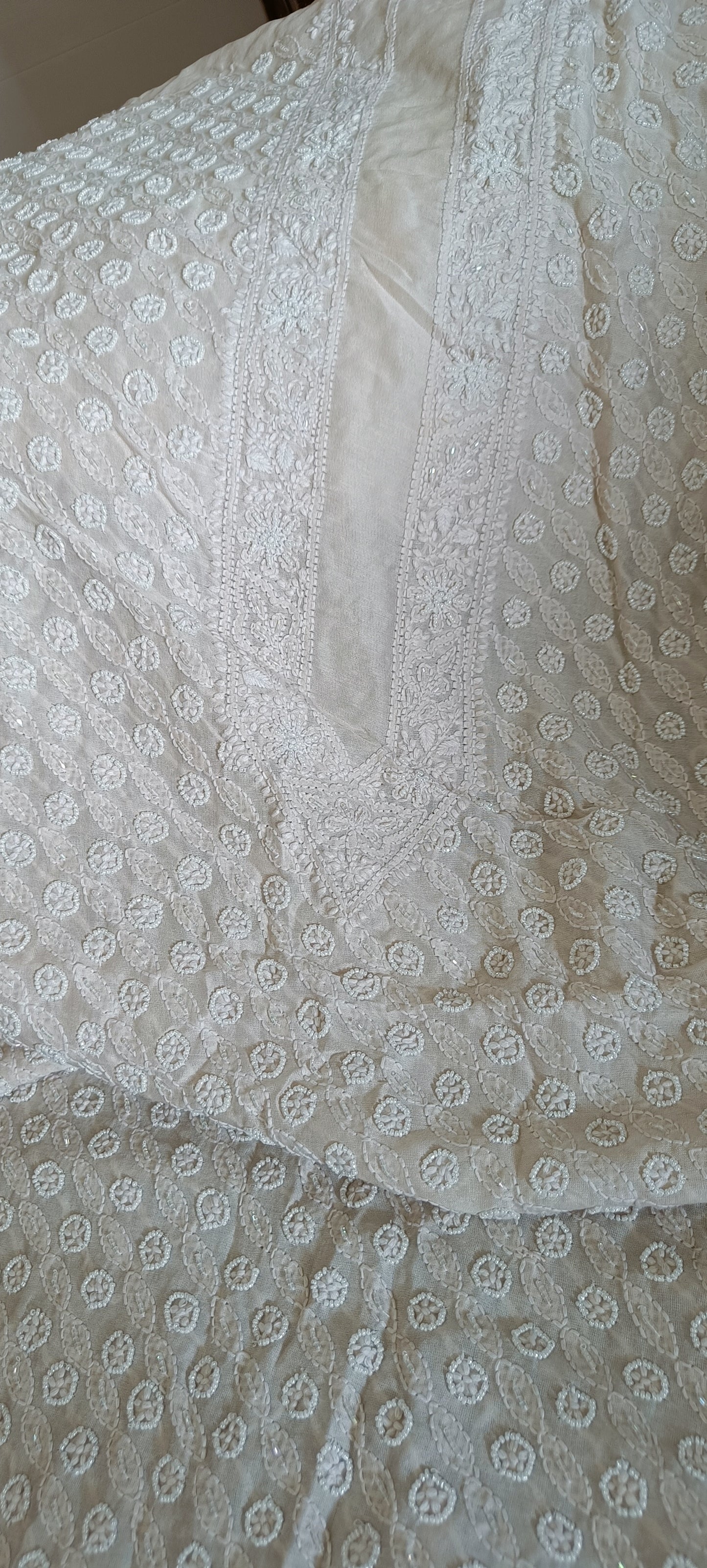 Beige Chanderi Silk Chikankari Kurta Fabric with cut dana and pearl work