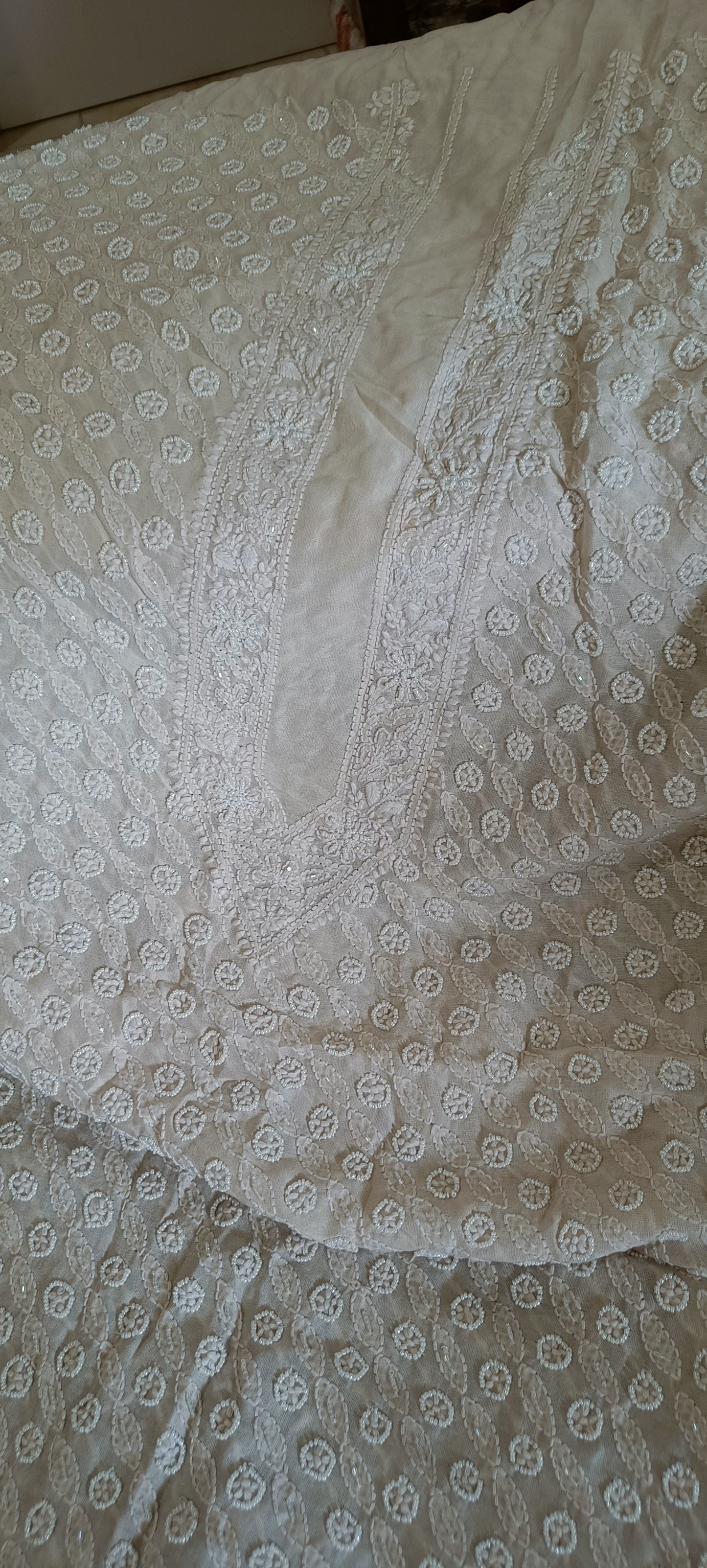 Beige Chanderi Silk Chikankari Kurta Fabric with cut dana and pearl work