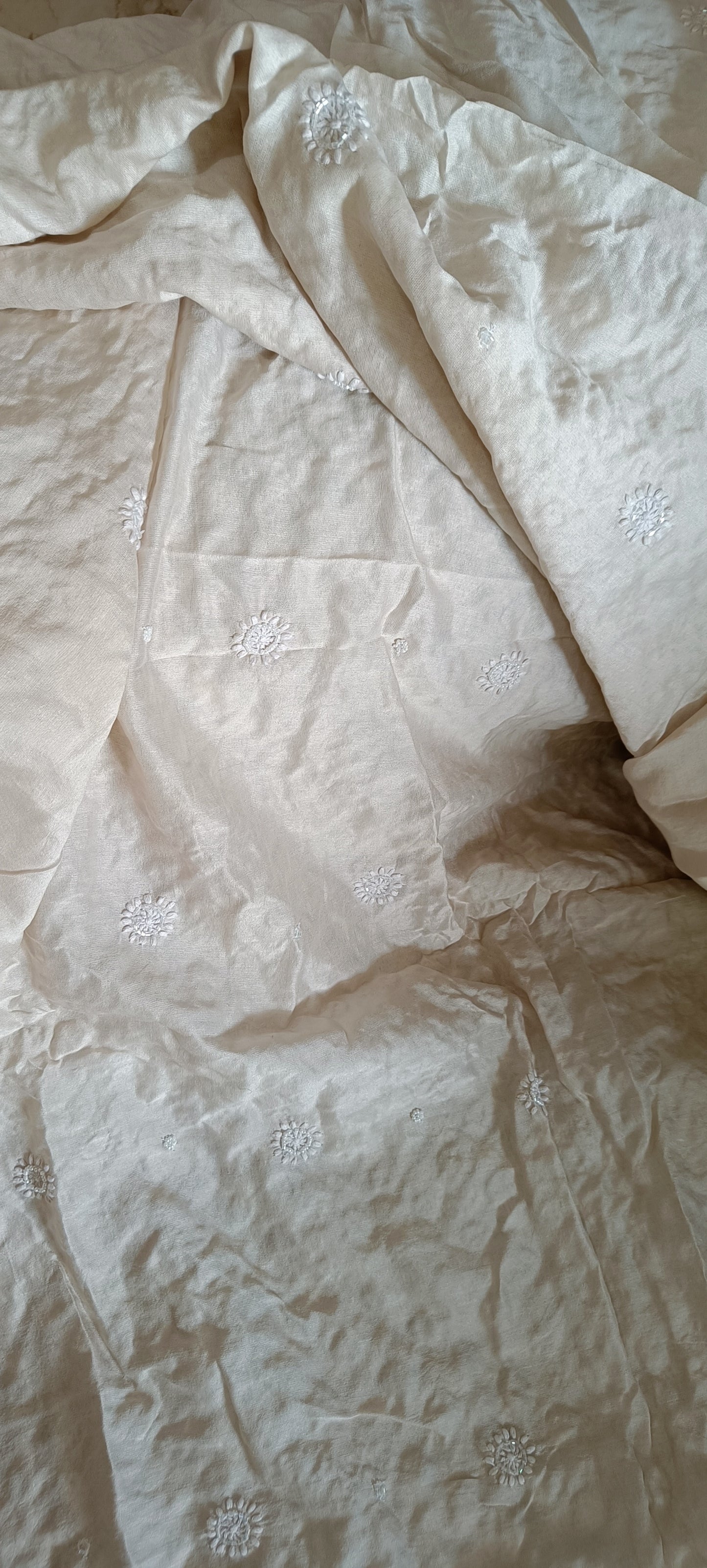Beige Chanderi Silk Chikankari Kurta Fabric with cut dana and pearl work