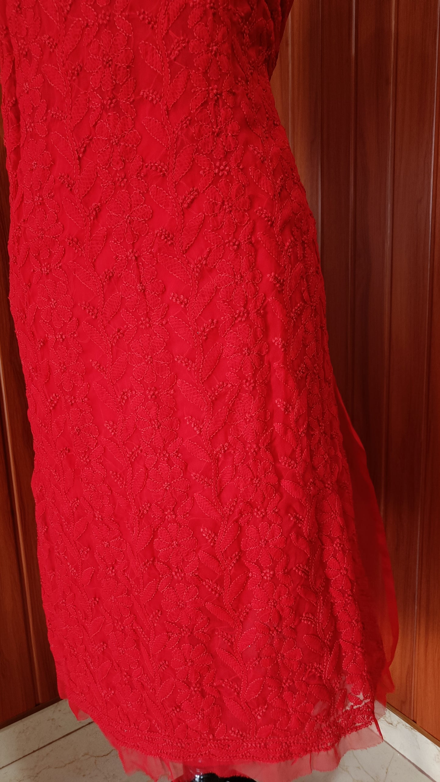 Red fine Chikankari semi georgette full suit