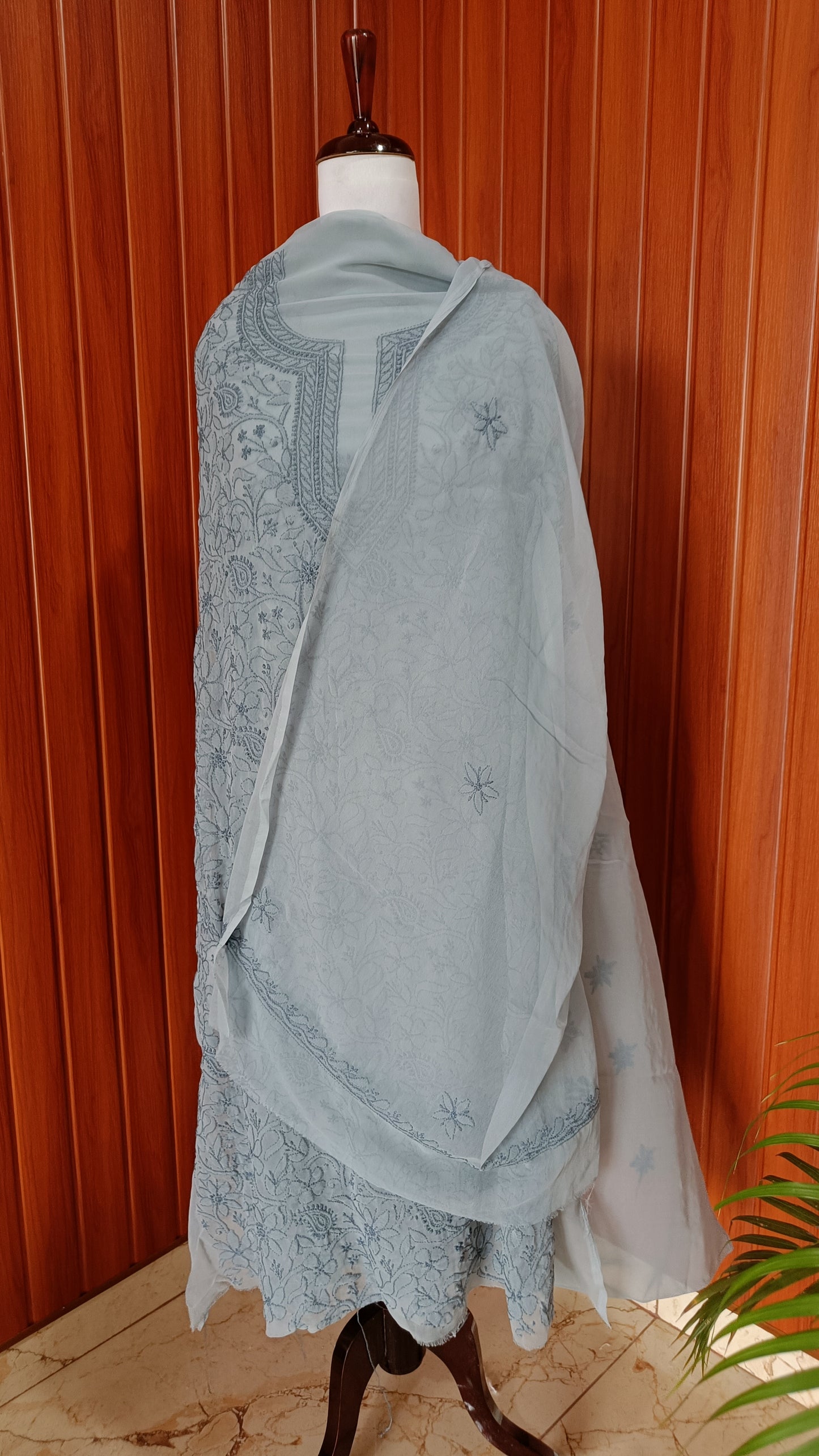 Grey fine Chikankari semi georgette full suit