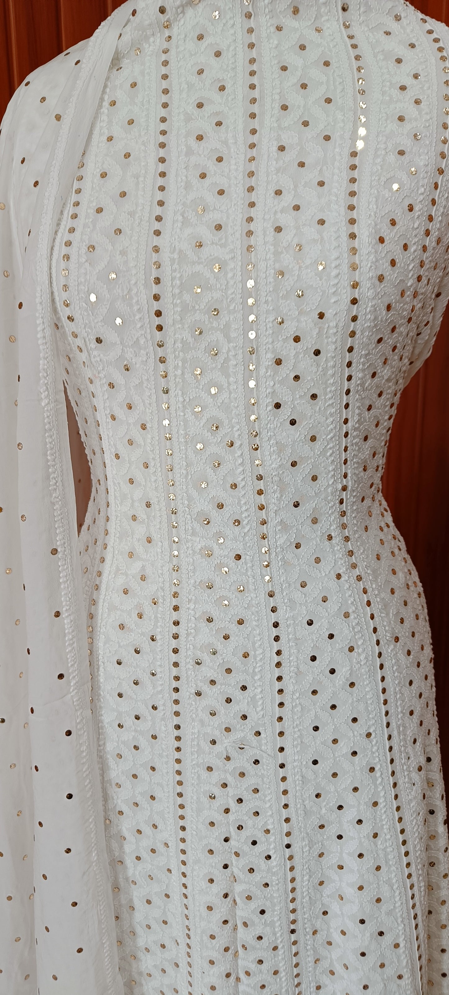 White allover Chikankari and heavy mukaish anarkali with dupatta